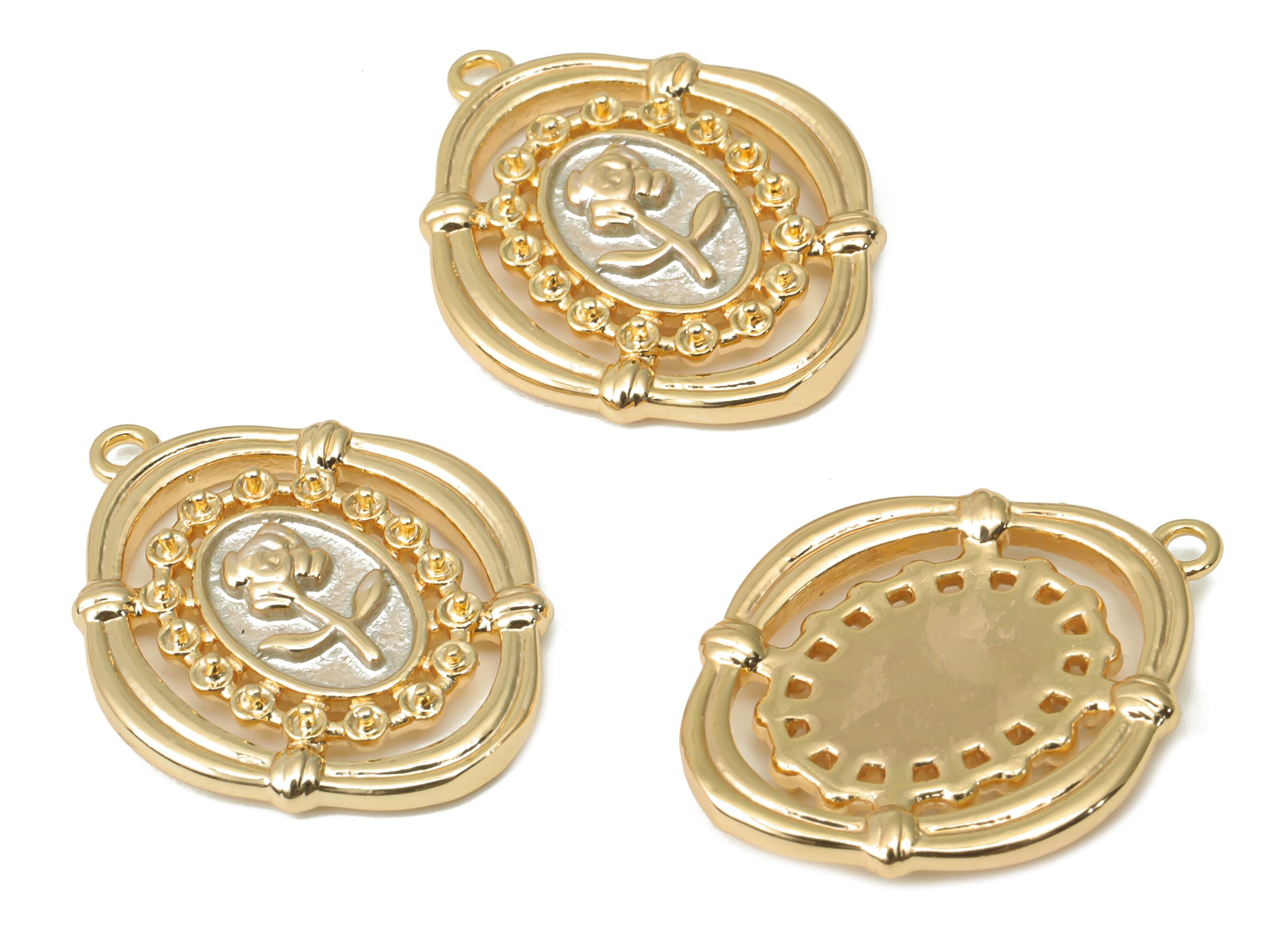 Brass Oval Rose Flower Earring Charms - Gold Flower Pendant - 18K Real Gold Plated Brass - Jewelry Supplies - 21.91x17.29x2.59mm - RGP4502 - DOMEDBAZAAR