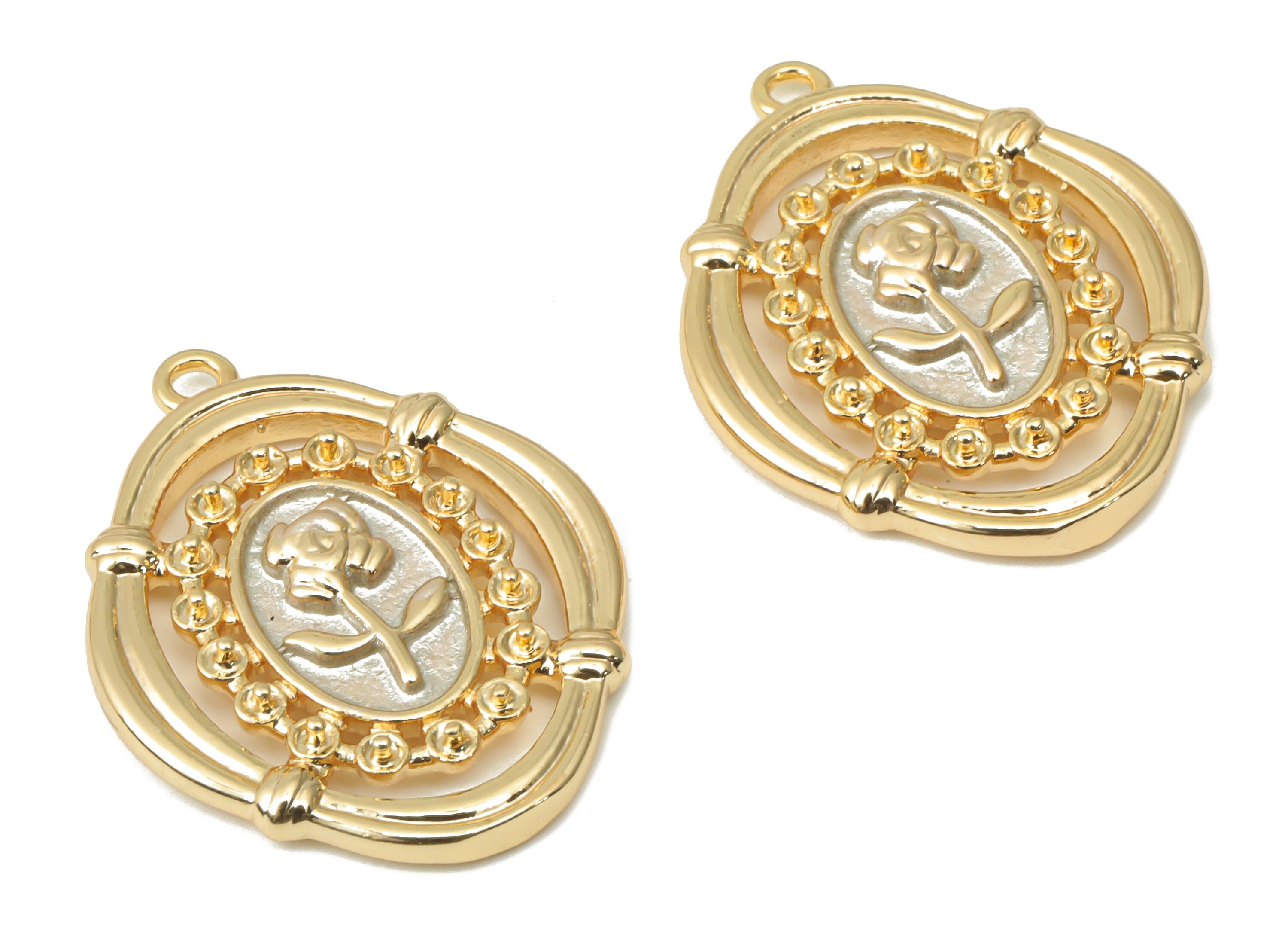 Brass Oval Rose Flower Earring Charms - Gold Flower Pendant - 18K Real Gold Plated Brass - Jewelry Supplies - 21.91x17.29x2.59mm - RGP4502 - DOMEDBAZAAR
