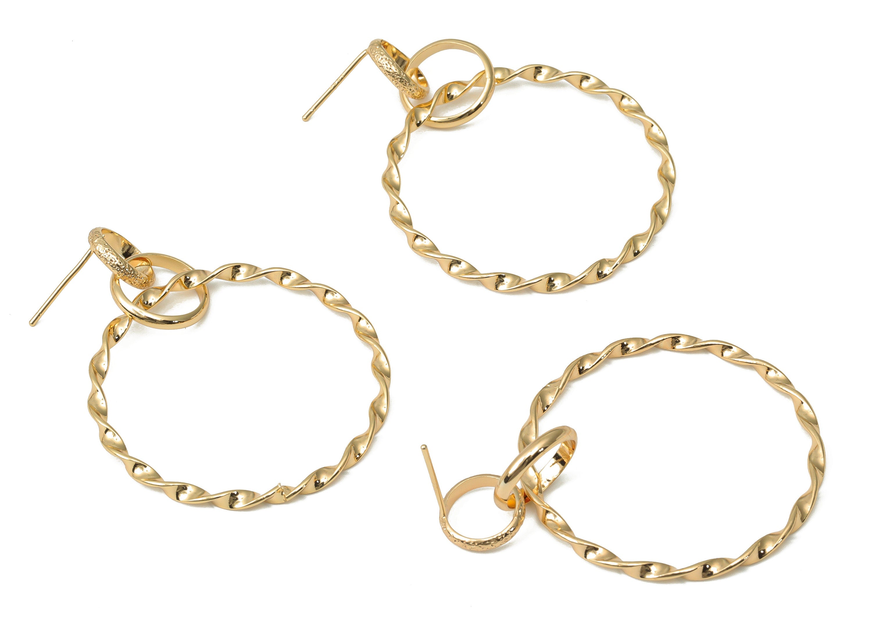Brass Rounds Twisted Hoop Earring Stud - Gold Circles Hoop Post - Stainless Steel Stud - 18k Real Gold Plated Brass - 45.6x36x2mm - RGP4493 - DOMEDBAZAAR
