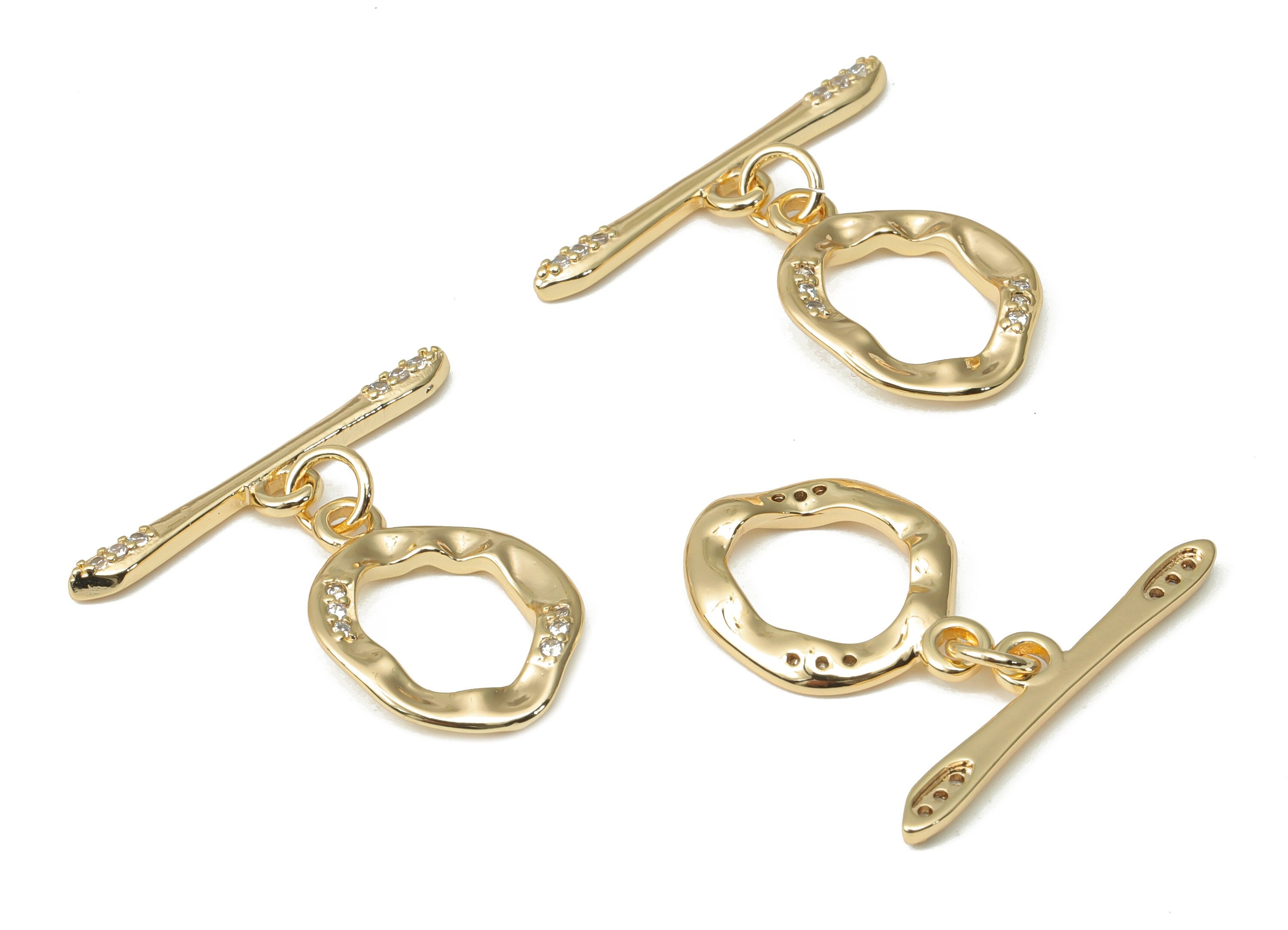 Brass Hammered Round Toggle Clasp with Zircon – Gold Circle Toggle Clasp - 18K Real Gold Plated Brass – Jewelry Making - 26x23x1.8mm-RGP4519 - DOMEDBAZAAR