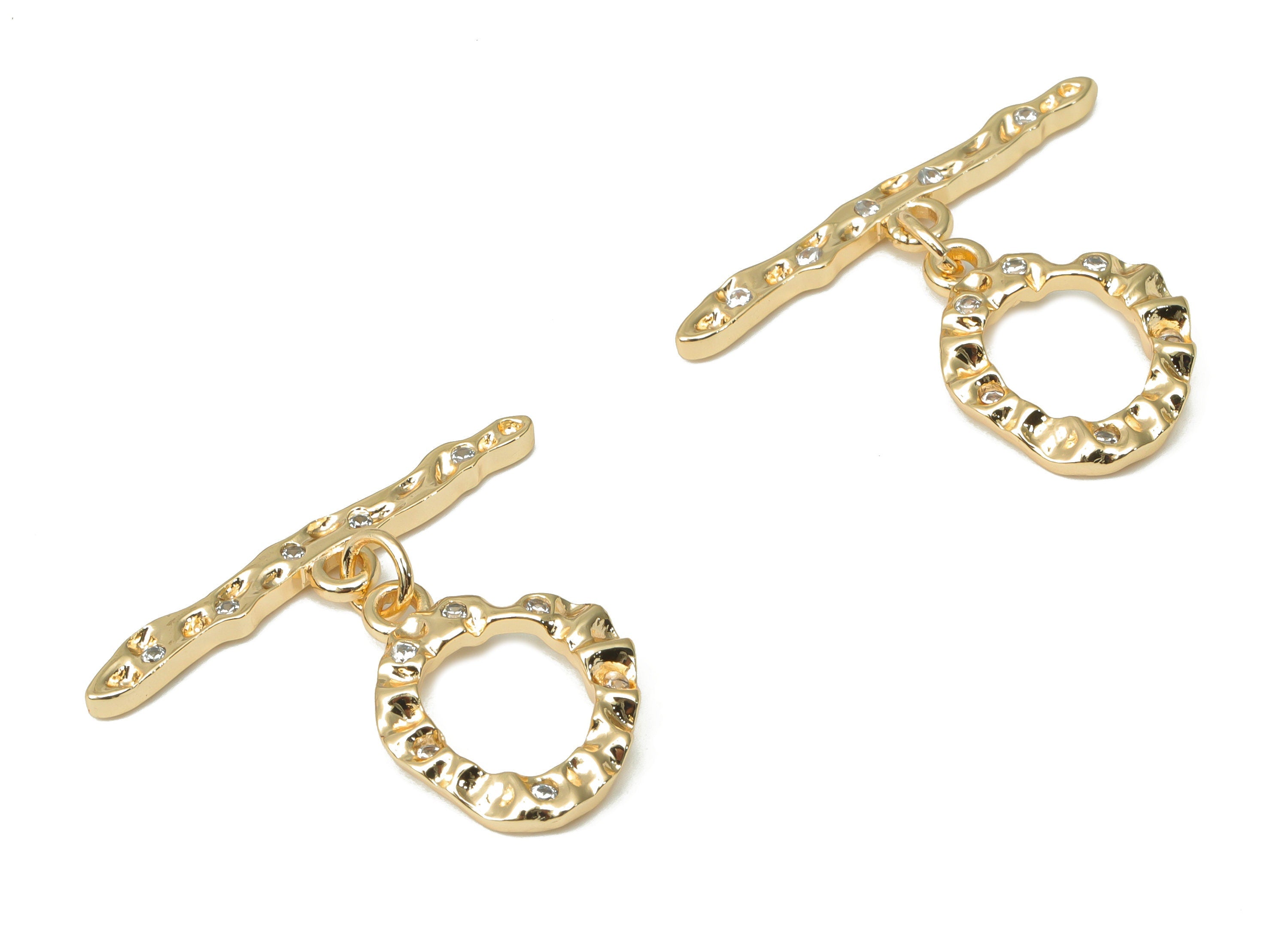 Brass Hammered Round Toggle Clasp with Zircons – Gold Circle Toggle Clasp - 18K Real Gold Plated Brass – Jewelry Making - 30x25x2mm- RGP4520 - DOMEDBAZAAR