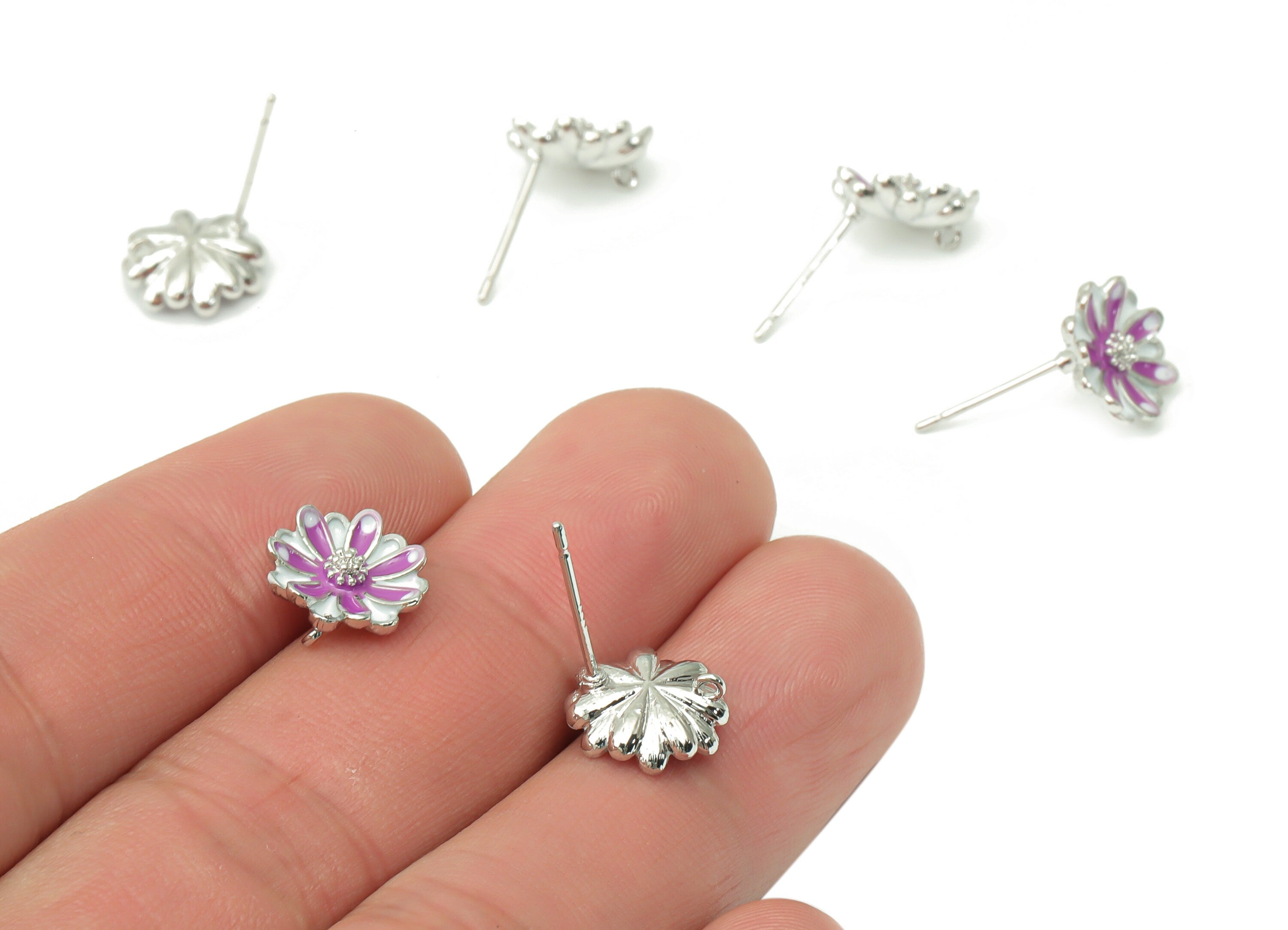 Brass Flower Earring Stud - Enamel Flower Earring Post - 925 Silver Stud - 18k Real White Gold Plated Brass - 10.75x10.75x2.9mm - RGP4505S - DOMEDBAZAAR
