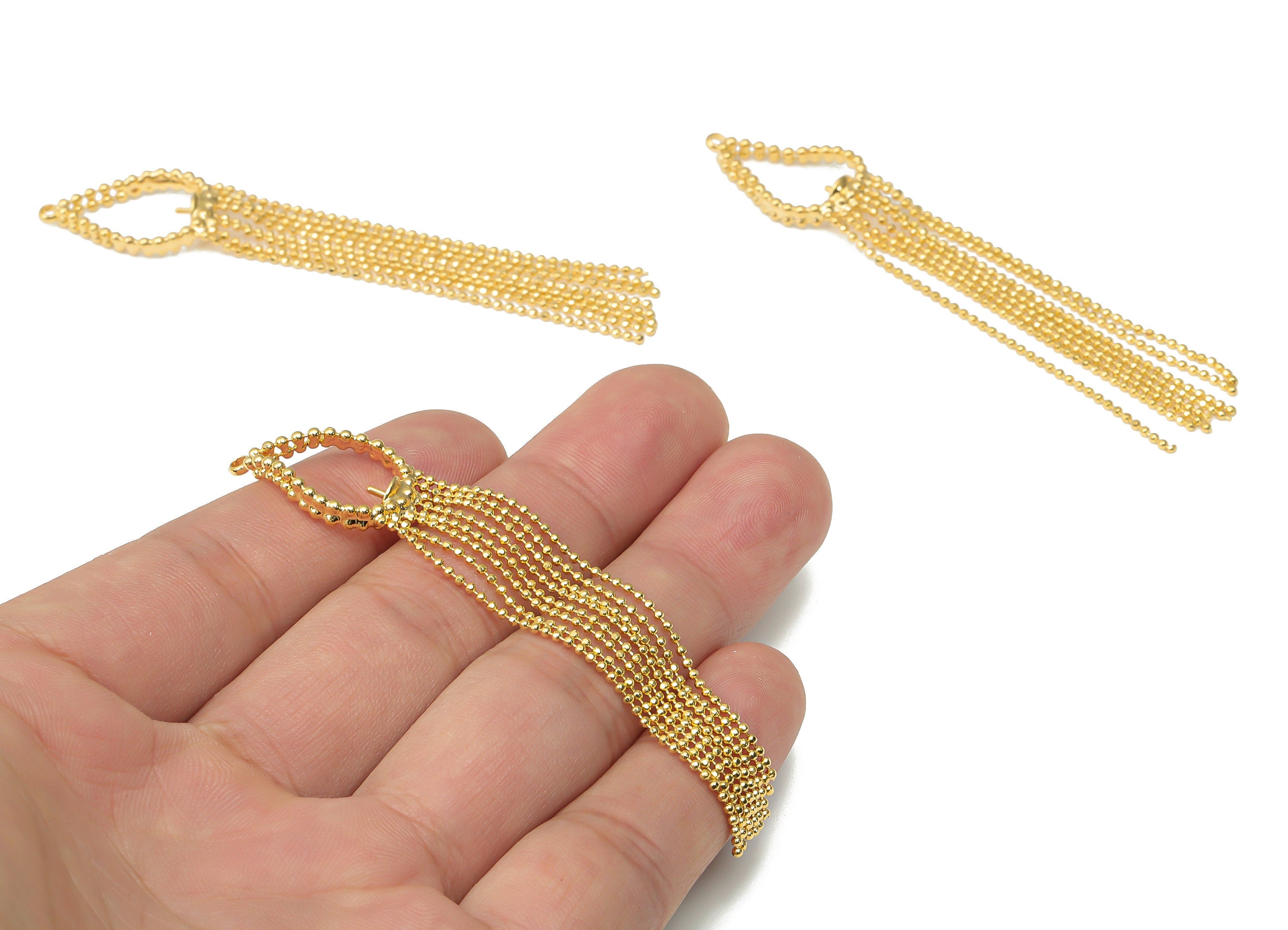 Brass Tassel for Pearl Earring Charms - Gold Ball Tassel Chain Drop Earrings – 18K Real Gold Plated Brass - 81.35x14.82x2.97mm- RGP4475 - DOMEDBAZAAR