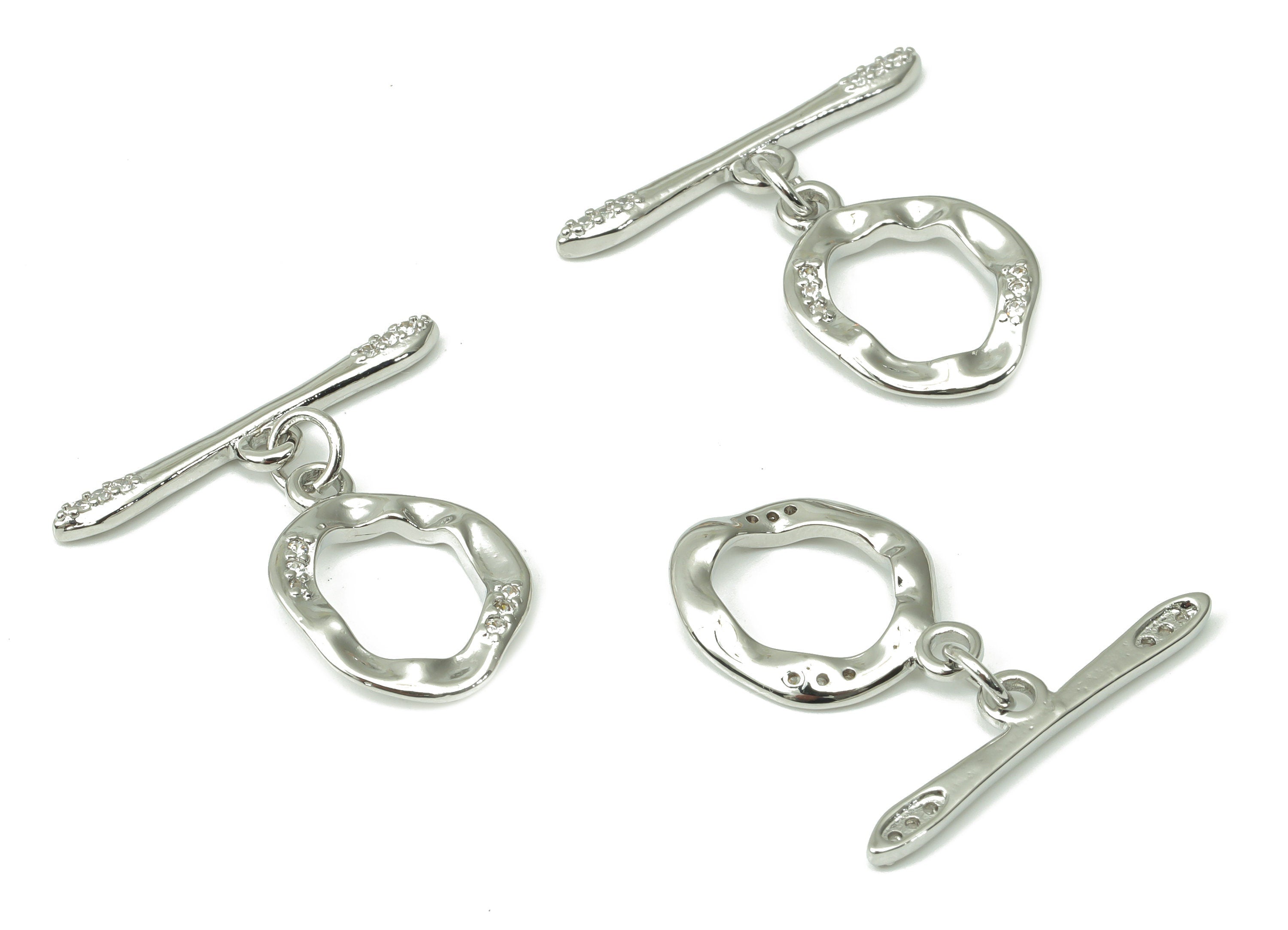 Brass Wave Round Toggle Clasp with Zircons – White Gold Circle Toggle Clasp - 18K Real White Gold Plated Brass – 25.76x21.7x1.9mm - RGP4533S - DOMEDBAZAAR