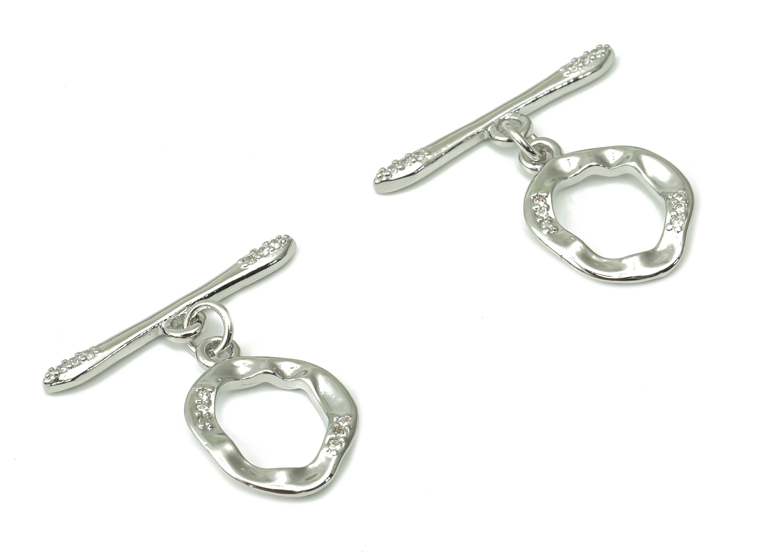 Brass Wave Round Toggle Clasp with Zircons – White Gold Circle Toggle Clasp - 18K Real White Gold Plated Brass – 25.76x21.7x1.9mm - RGP4533S - DOMEDBAZAAR