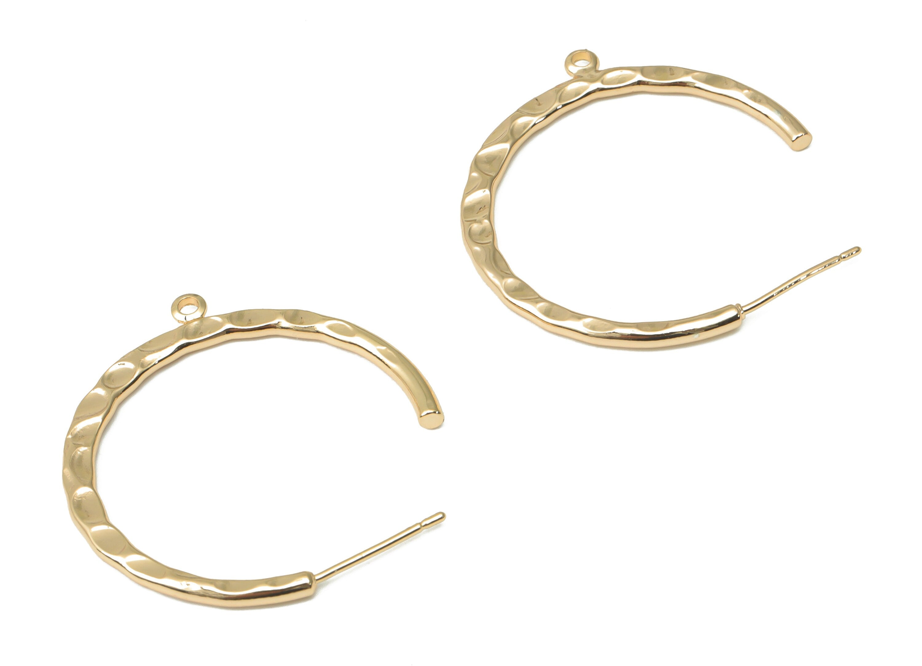 Brass Hammered C Hoop Earring Stud with Loop - Gold C Hoop Post - 925 Silver Stud - 18k Real Gold Plated Brass - 29.72x29.6x1.75mm - RGP4488 - DOMEDBAZAAR