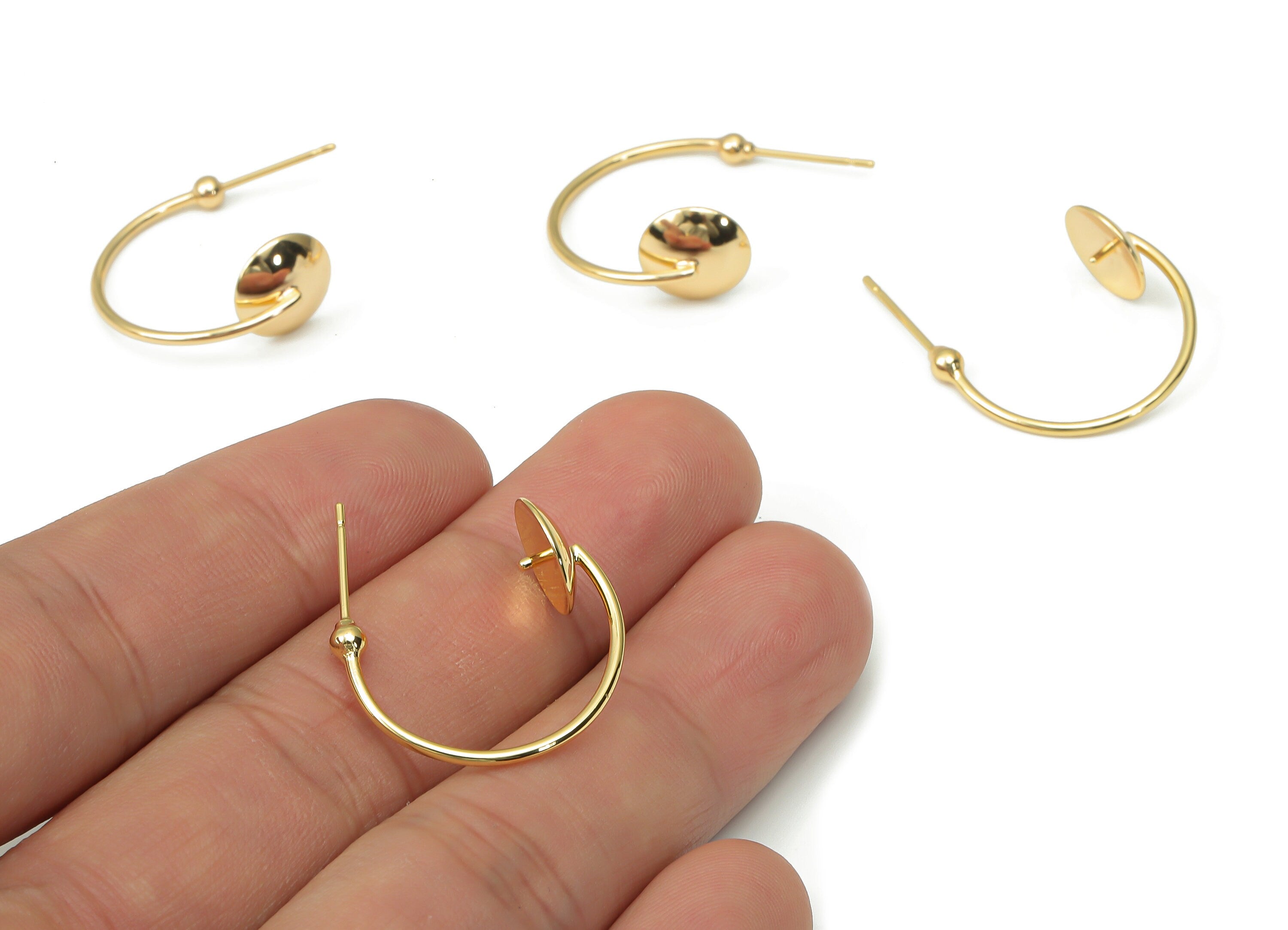 Brass C Open Hoop Earring Stud with Ball Cap - Gold C Hoop Post - Stainless Steel Stud - 18k Real Gold Plated Brass - 22.9x18.4x2mm- RGP4485 - DOMEDBAZAAR