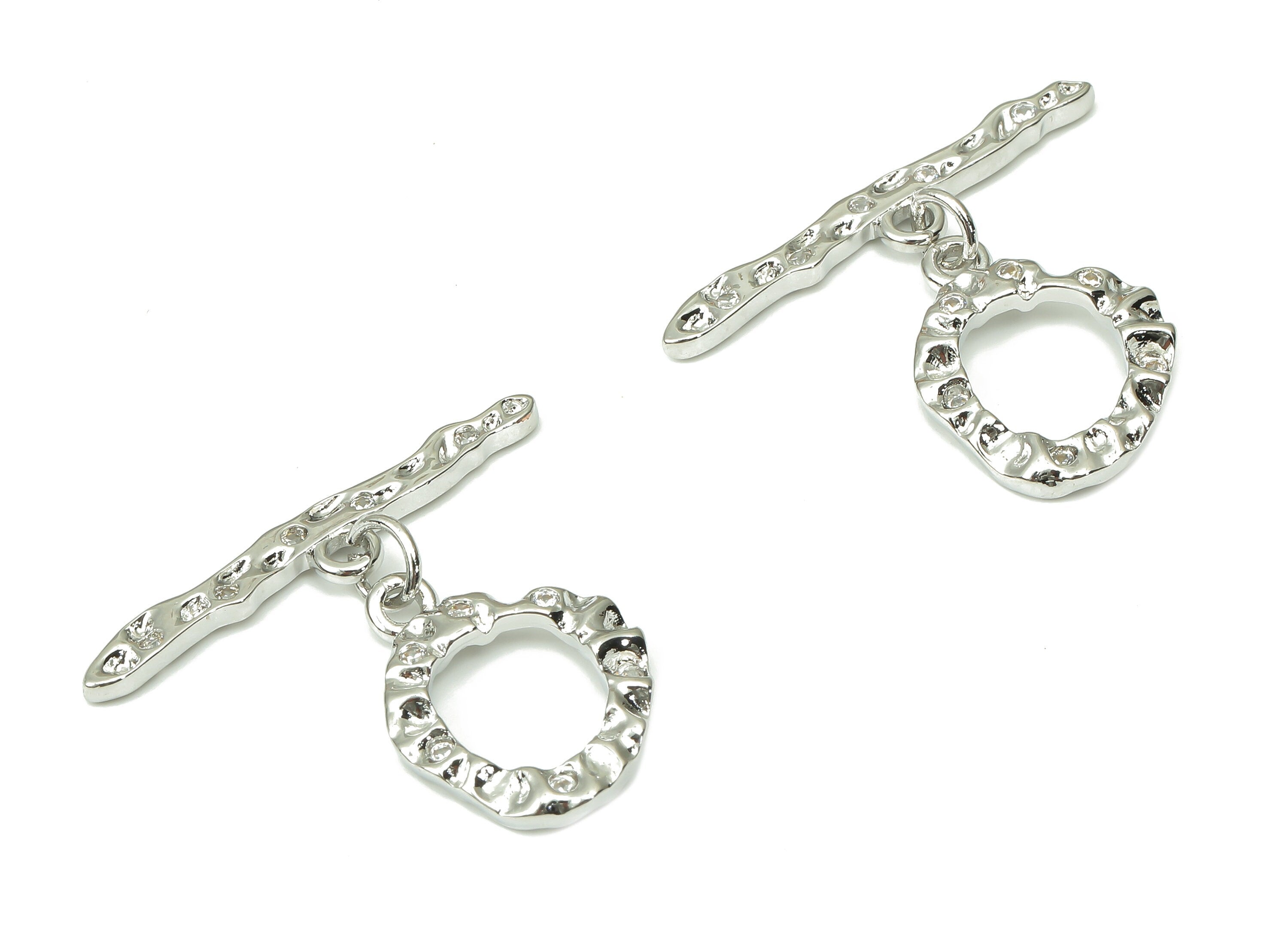 Brass Hammered Round Toggle Clasp with Zircons – White Gold Circle Toggle Clasp - 18K Real White Gold Plated Brass – 30.17x25x2mm - RGP4532S - DOMEDBAZAAR