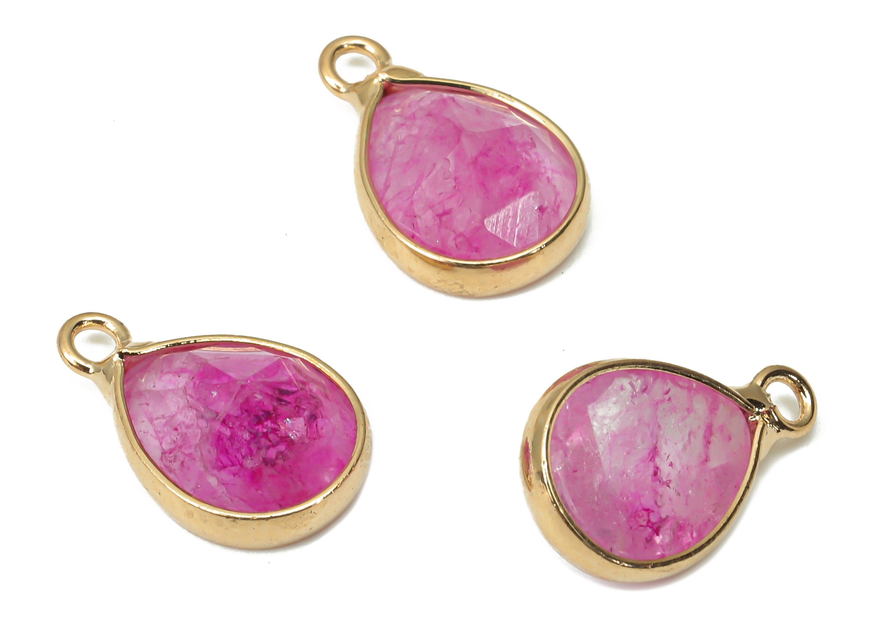 Pink Agate Gemstone Drop Charms - Brass Teardrop Pendant - Faceted Natural Stone - Gold Tone Plated Brass – 14.34x8.96x5.05mm – NS1851A - DOMEDBAZAAR