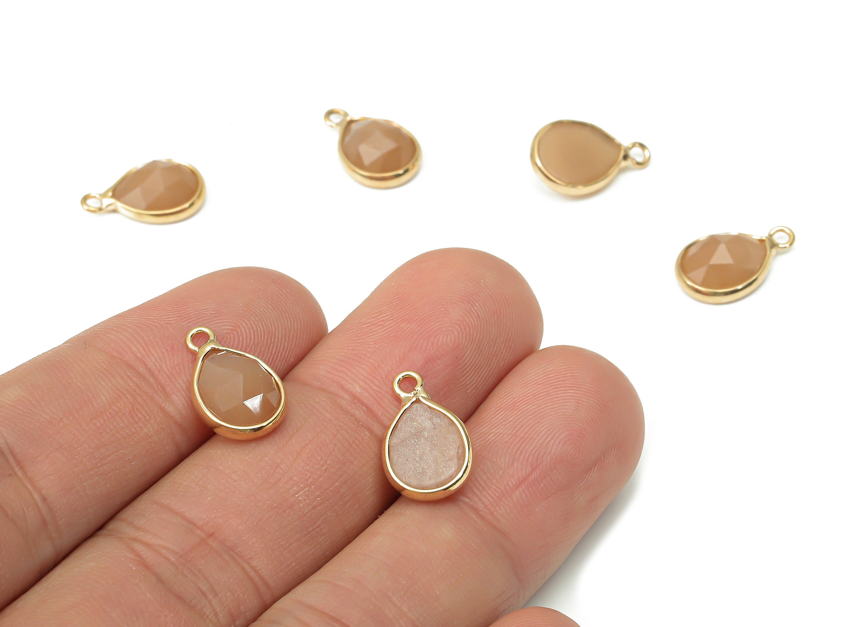 Sunstone Drop Earring Charms - Brass Teardrop Pendant - Faceted Natural Stone - Gold Tone Plated Brass – 14.34x8.96x5.05mm – NS1851B - DOMEDBAZAAR