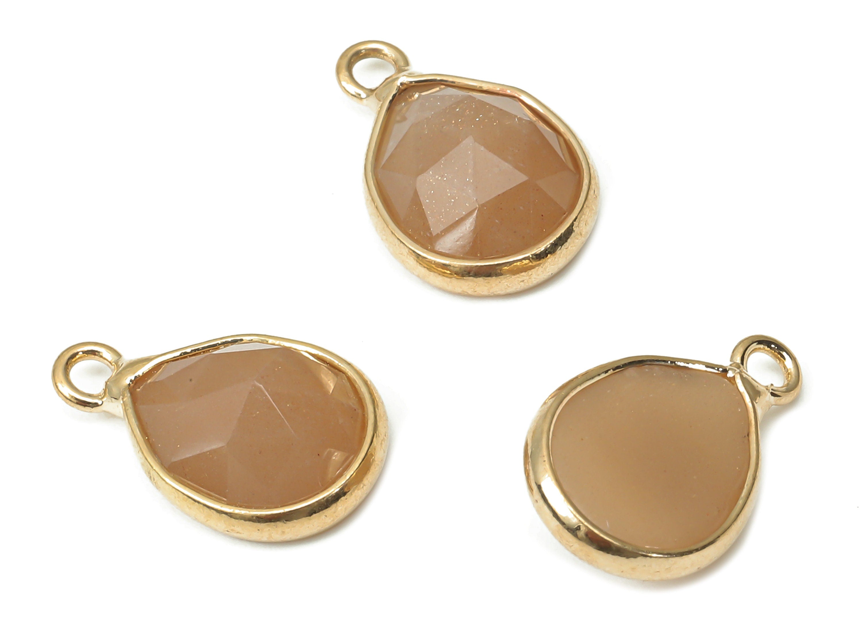 Sunstone Drop Earring Charms - Brass Teardrop Pendant - Faceted Natural Stone - Gold Tone Plated Brass – 14.34x8.96x5.05mm – NS1851B - DOMEDBAZAAR