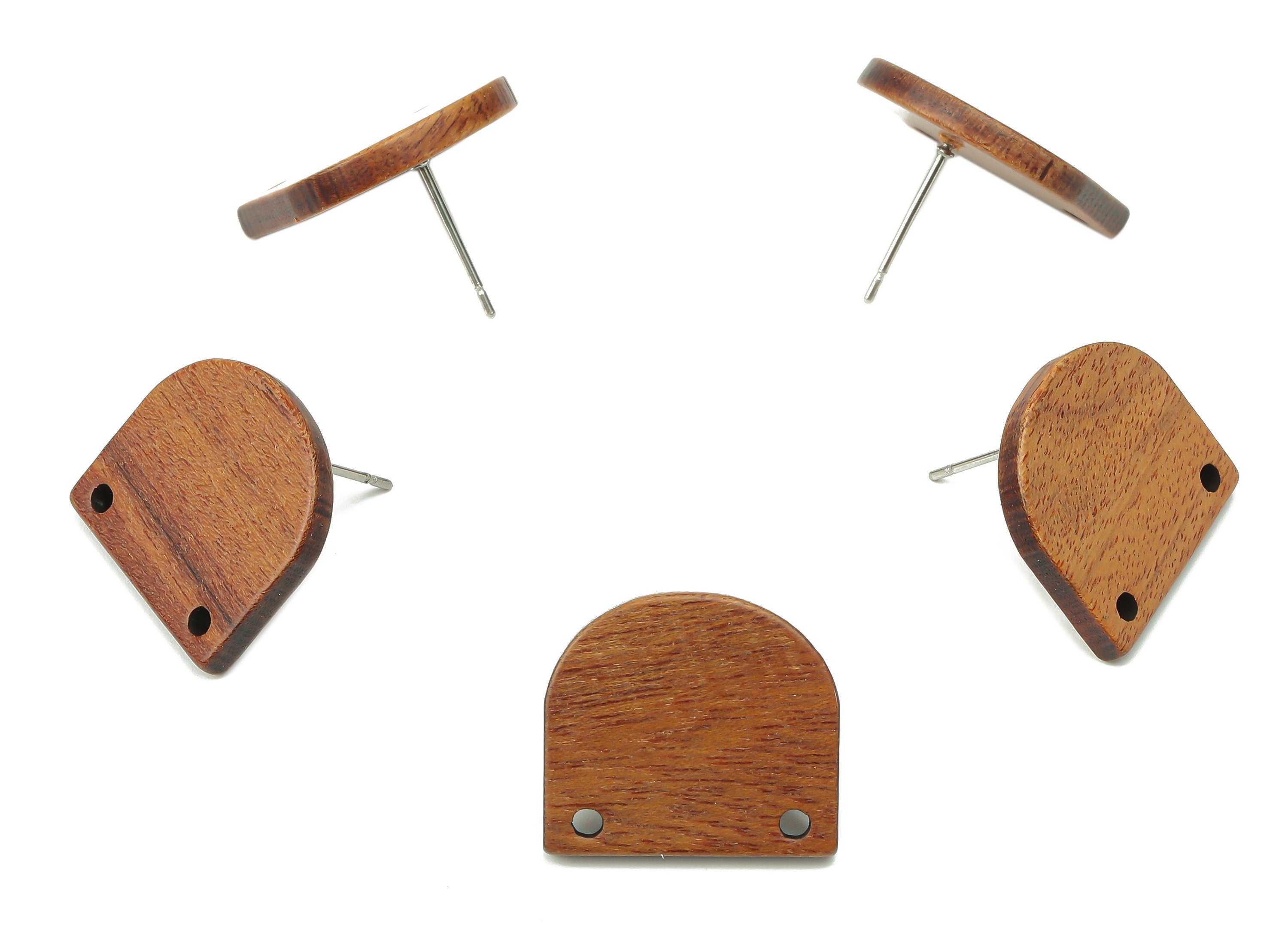 Walnut Wood Domed Stud Connector - Walnut Wood D Semicircle Post - 2 Holes - 316 Surgical Stainless Steel Stud - 18.21x16.39x2.85mm - BB1245 - DOMEDBAZAAR