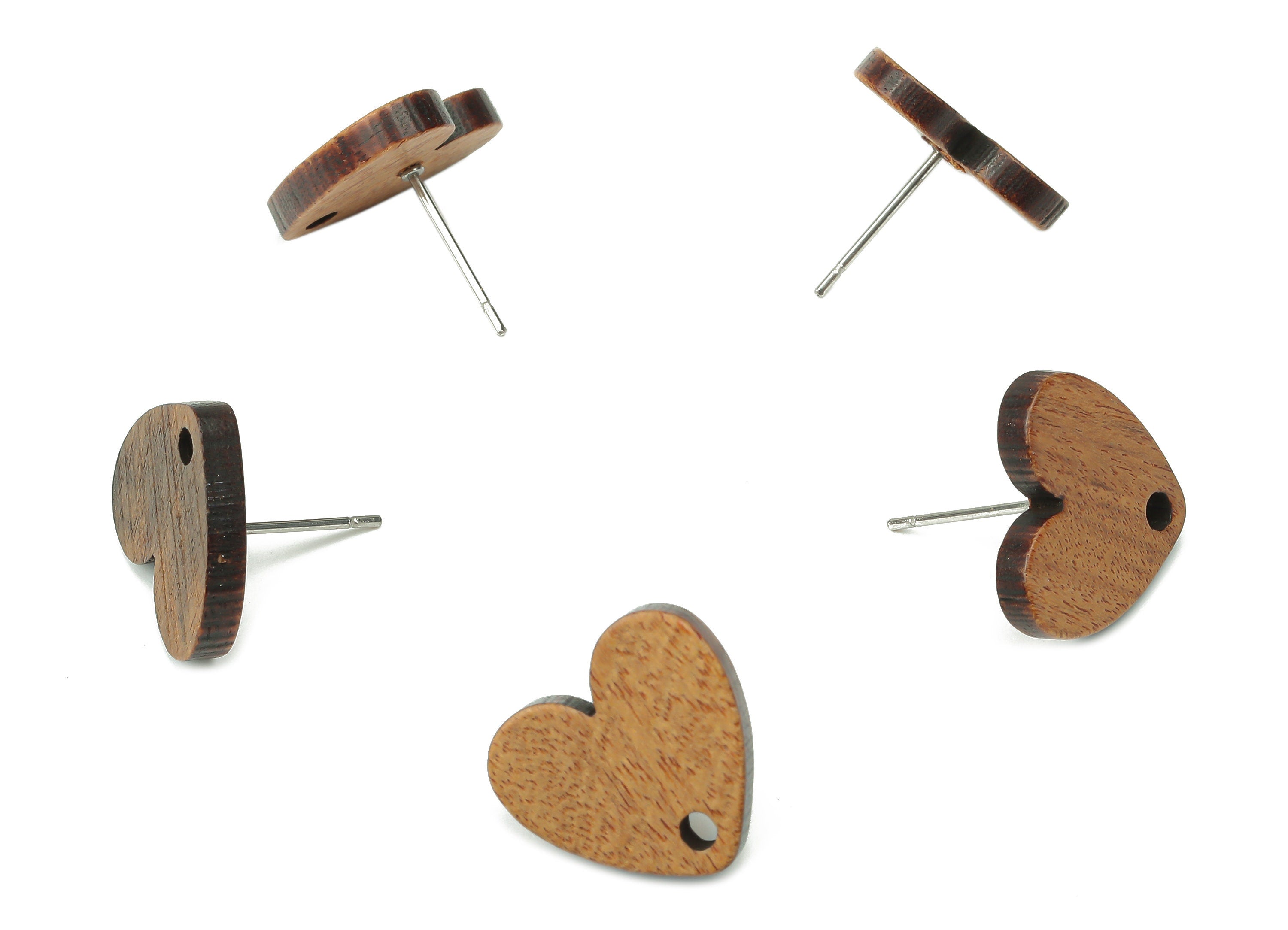 Walnut Wood Heart Earring Stud Connector - Walnut Wood Heart Earring Post - 316 Surgical Stainless Steel Stud - 15.13x13.97x2.64mm - BB1249 - DOMEDBAZAAR