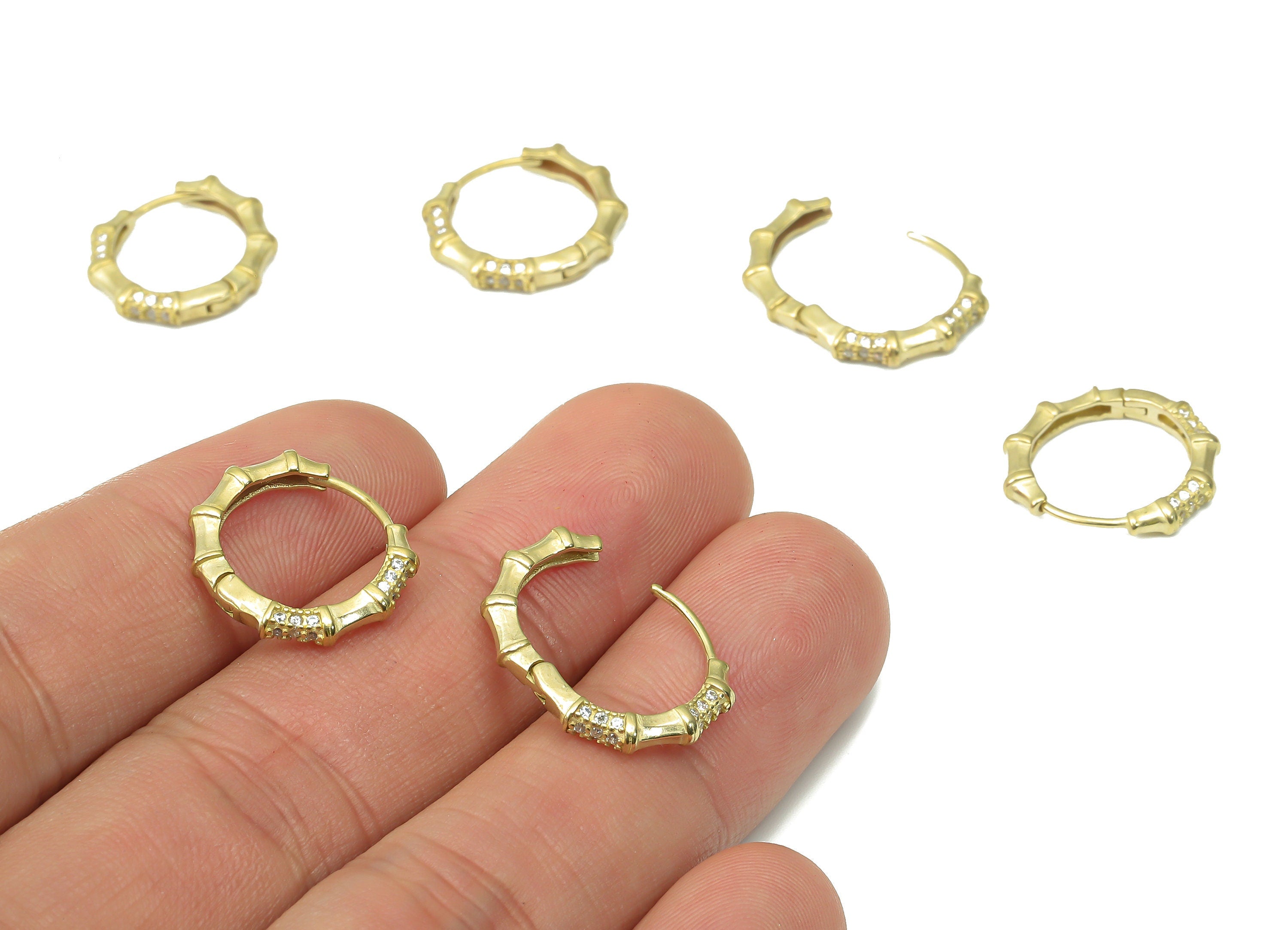 Brass Round Hoop Earring - Dainty Bamboo Huggies with Open Ring - Zircon Small Hoop Earrings - Jewelry Making - 16.93x14.52x2.14mm - PP7365 - DOMEDBAZAAR