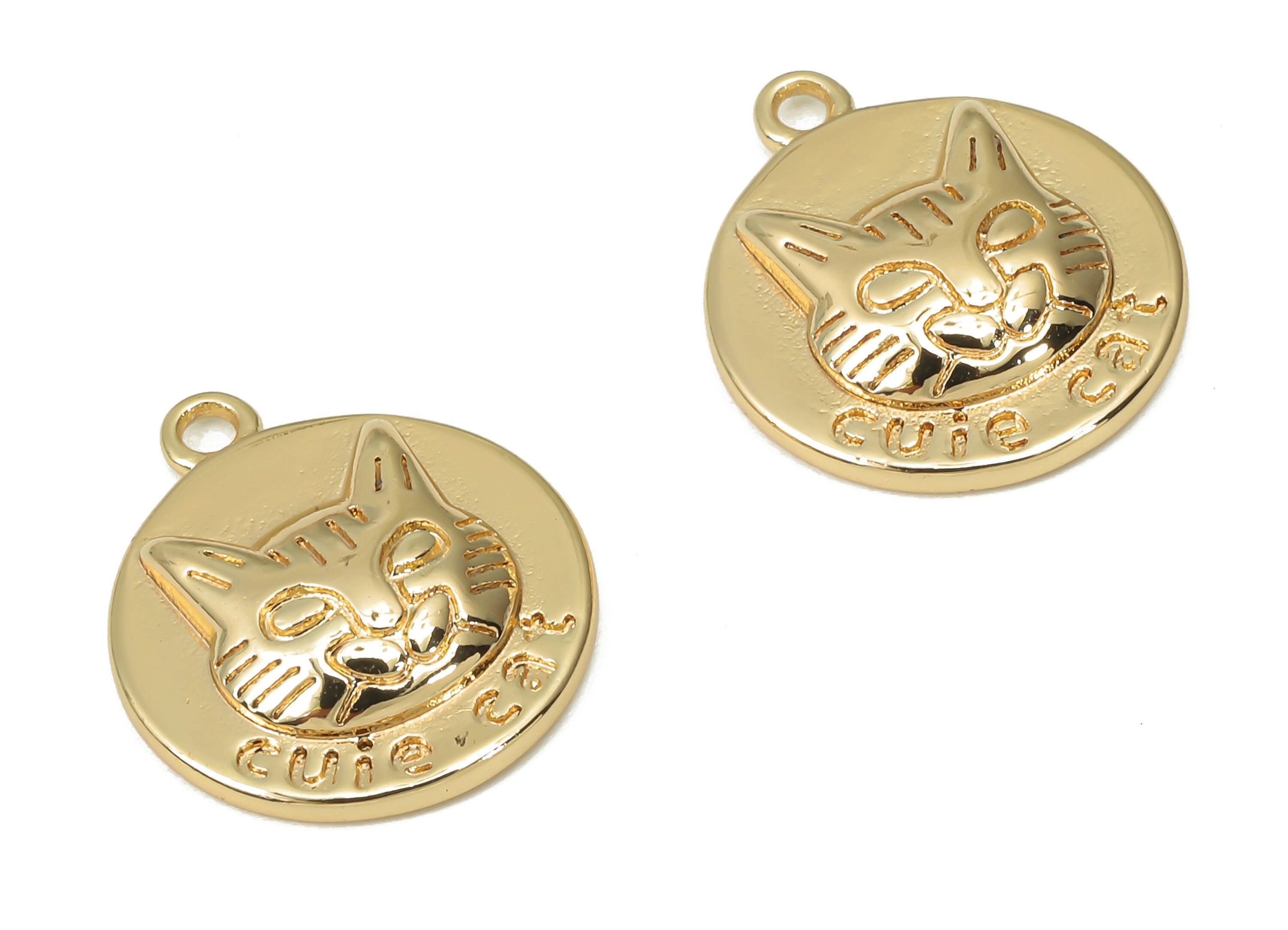Brass Cuie Cat Earring Charms - Gold Cat Engraved Pendant - 18K Real Gold Plated Brass - Jewelry Making - 14.94x12.92x2.95mm - RGP4450 - DOMEDBAZAAR