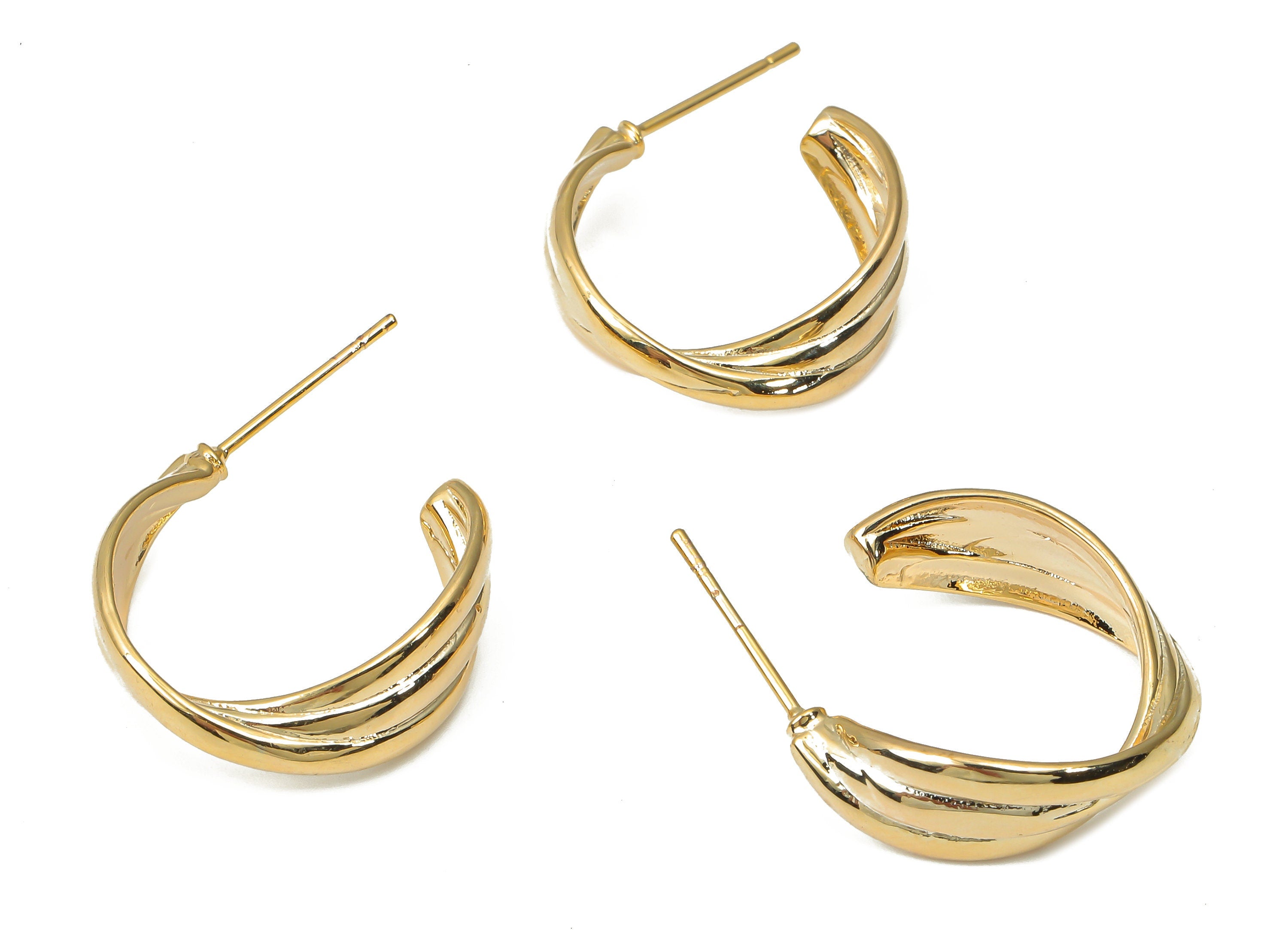 Brass C Open Twisted Hoop Earring Stud - Gold C Hoop Post - Stainless Steel Stud - 18k Real Gold Plated Brass - 19.96x18.8x2mm - RGP4501 - DOMEDBAZAAR