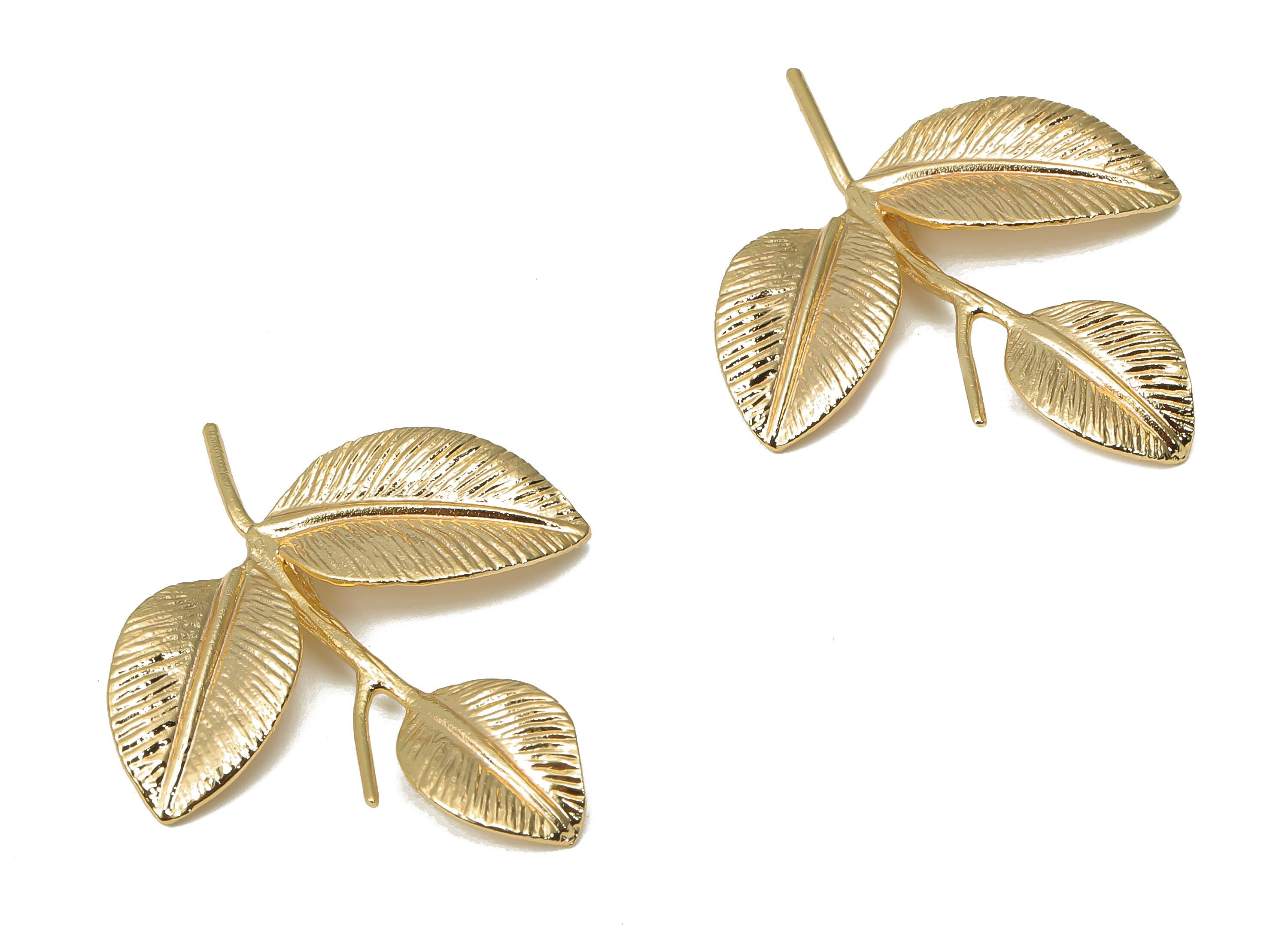 Brass Texture Leaves Earring Brooch - Gold Leaf Branch Figure Pendant - 18K Real Gold Plated Brass - 33.88x26.22x1.1mm - RGP4480 - DOMEDBAZAAR