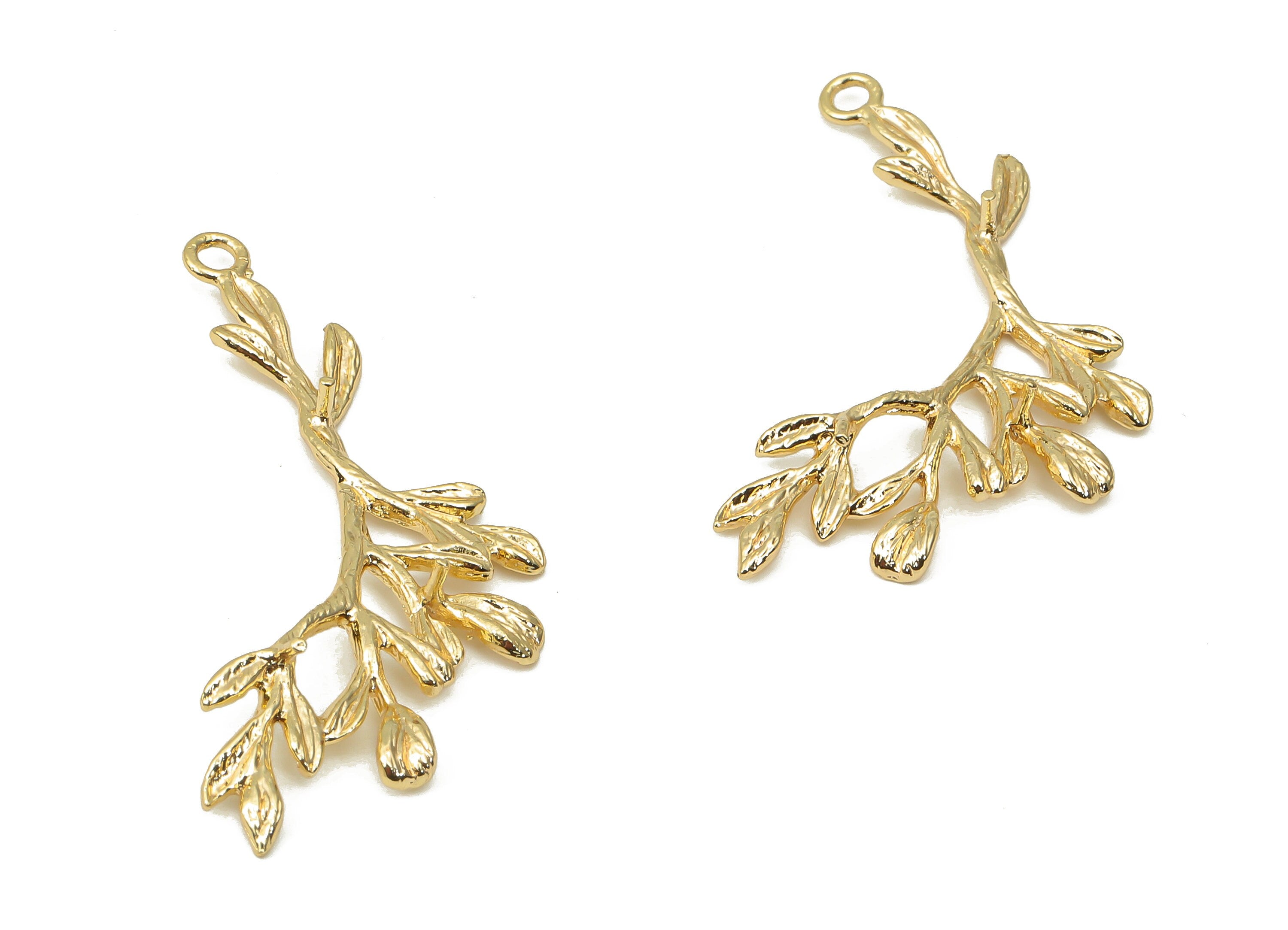 Brass Texture Branch Leaves Earring Charms - Gold Leaf Pendant - 18K Real Gold Plated Brass - Jewelry Making - 37.03x16.85x1.72mm - RGP4437 - DOMEDBAZAAR