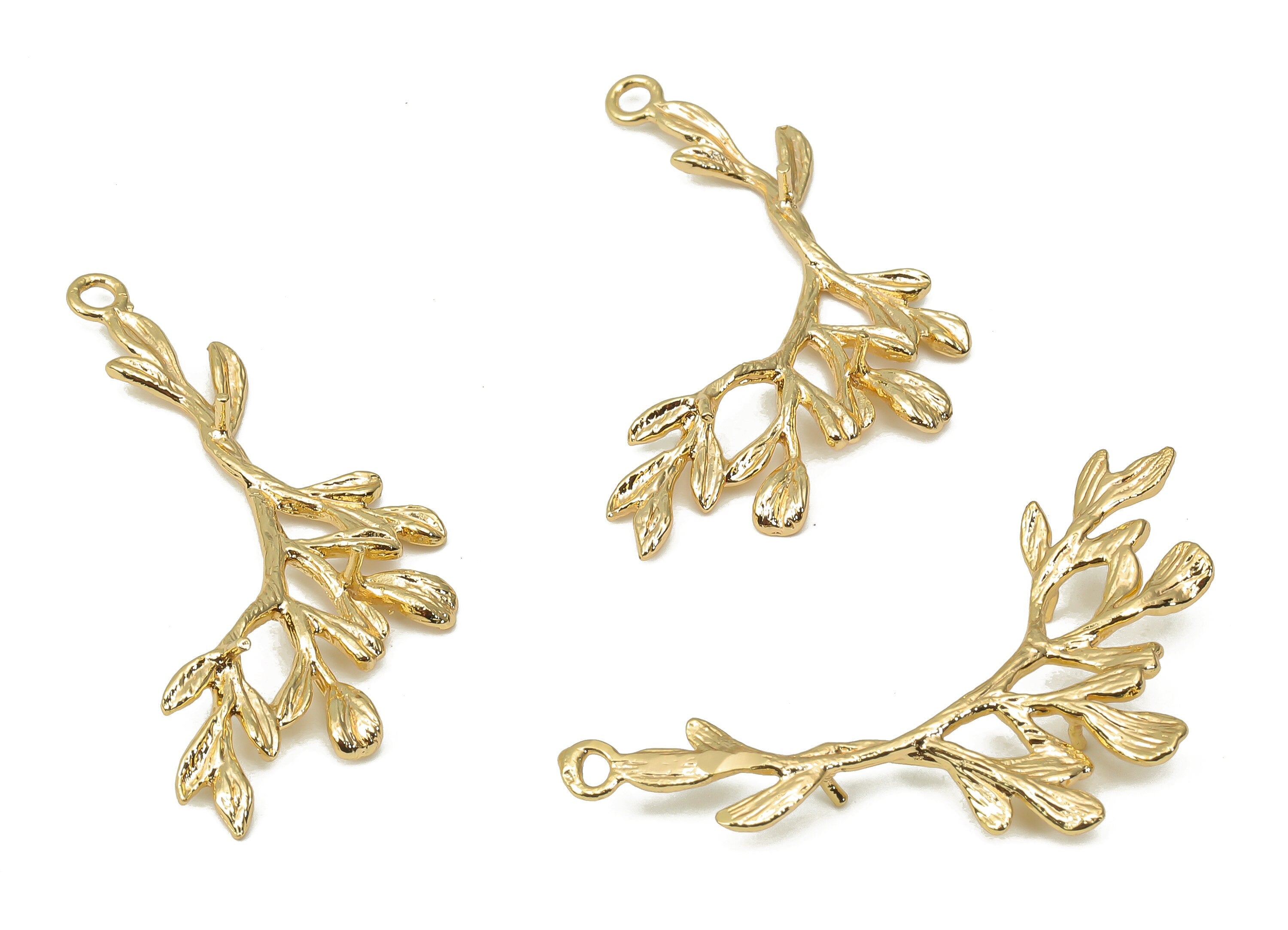 Brass Texture Branch Leaves Earring Charms - Gold Leaf Pendant - 18K Real Gold Plated Brass - Jewelry Making - 37.03x16.85x1.72mm - RGP4437 - DOMEDBAZAAR