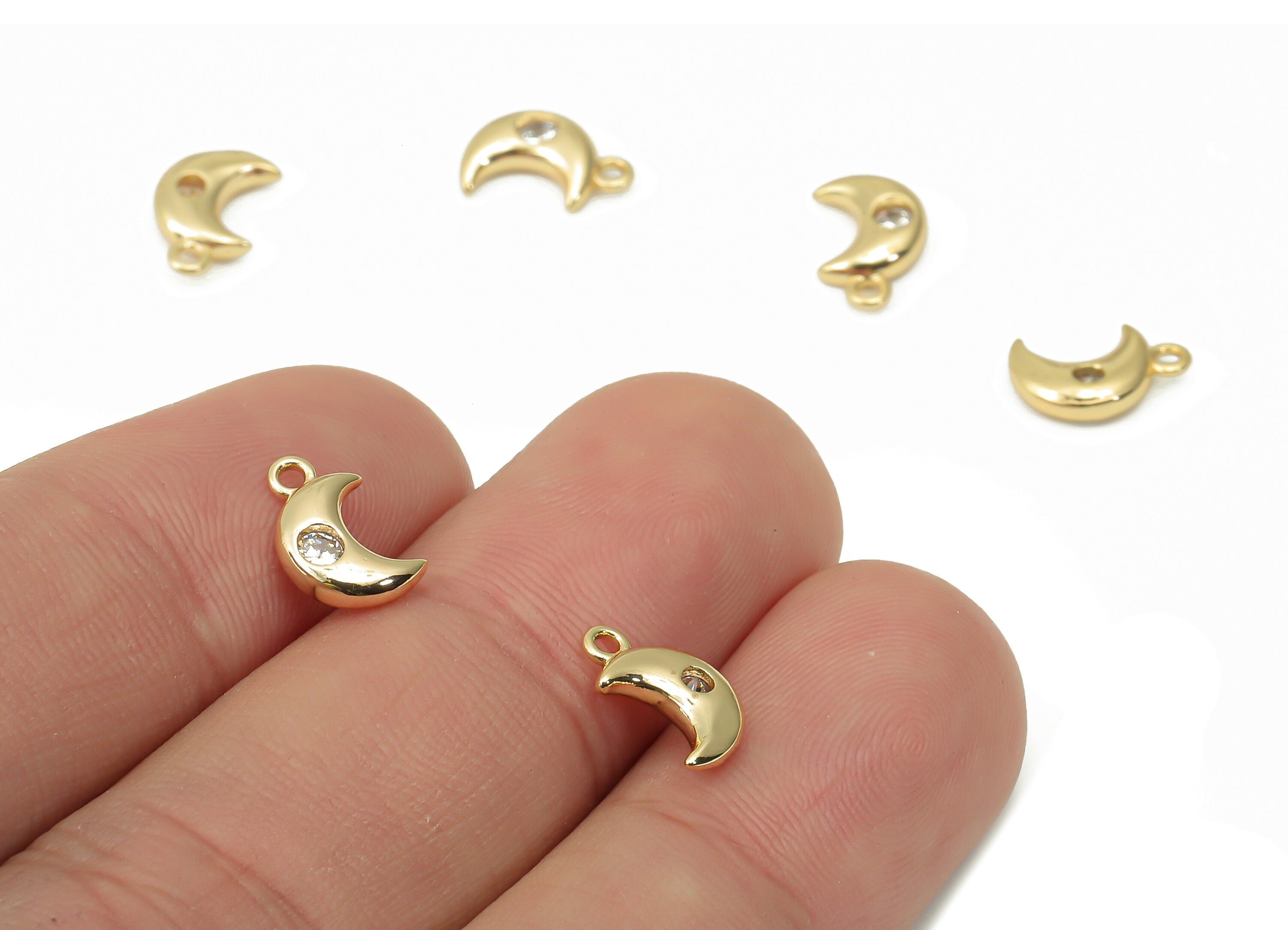 Brass Crescent Earring Charms with Zircons - Gold Moon Pendant - 18K Real Gold Plated Brass - Jewelry Supplies - 9.9x6.6x2.38mm - RGP4521 - DOMEDBAZAAR