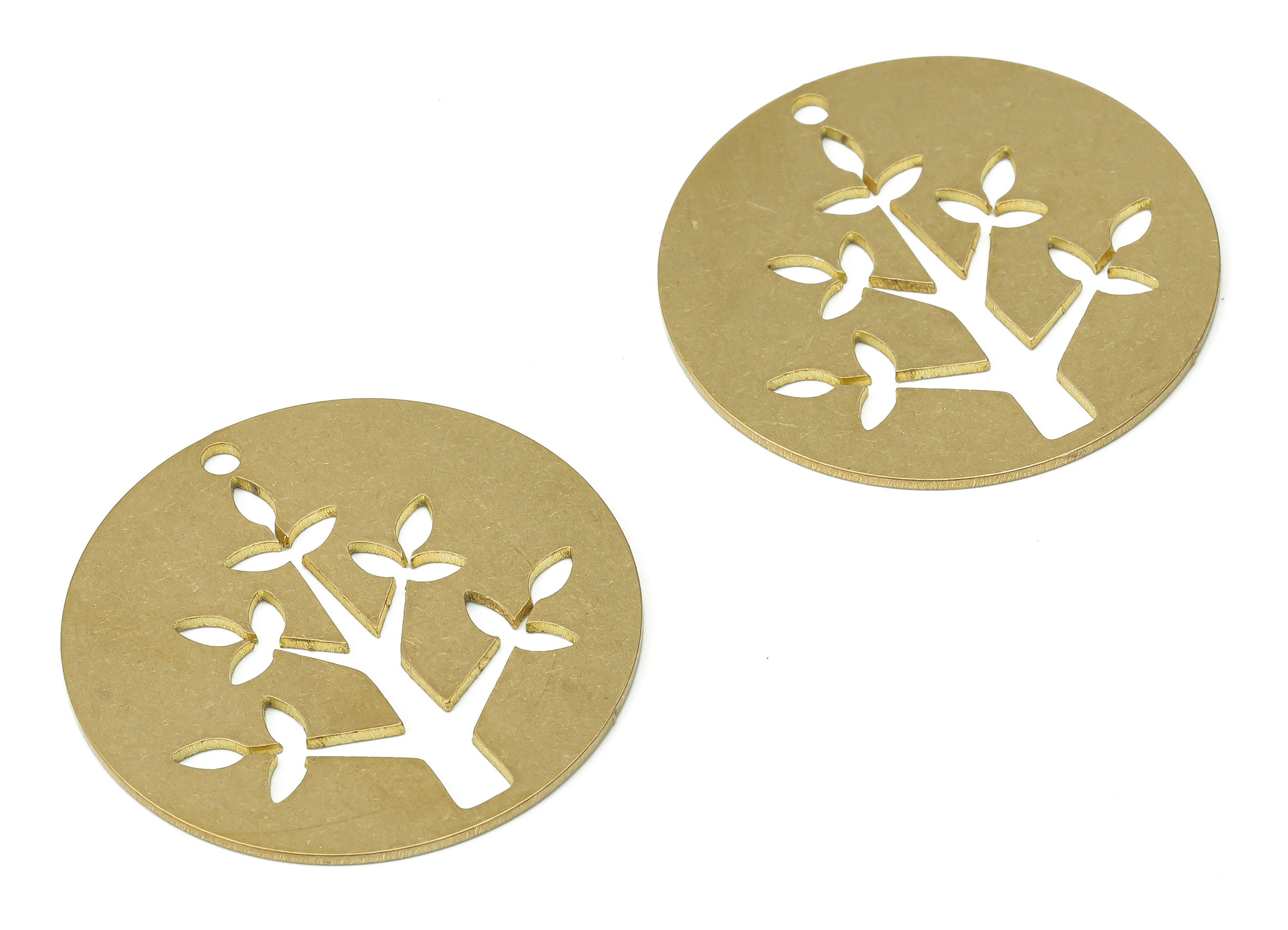 Brass Round Botanical Tree Root Earring Charms - Raw Brass Leaves Tree Pendant - Jewelry Making Supplies - 29.78x29.78x0.63mm - PPA3789 - DOMEDBAZAAR