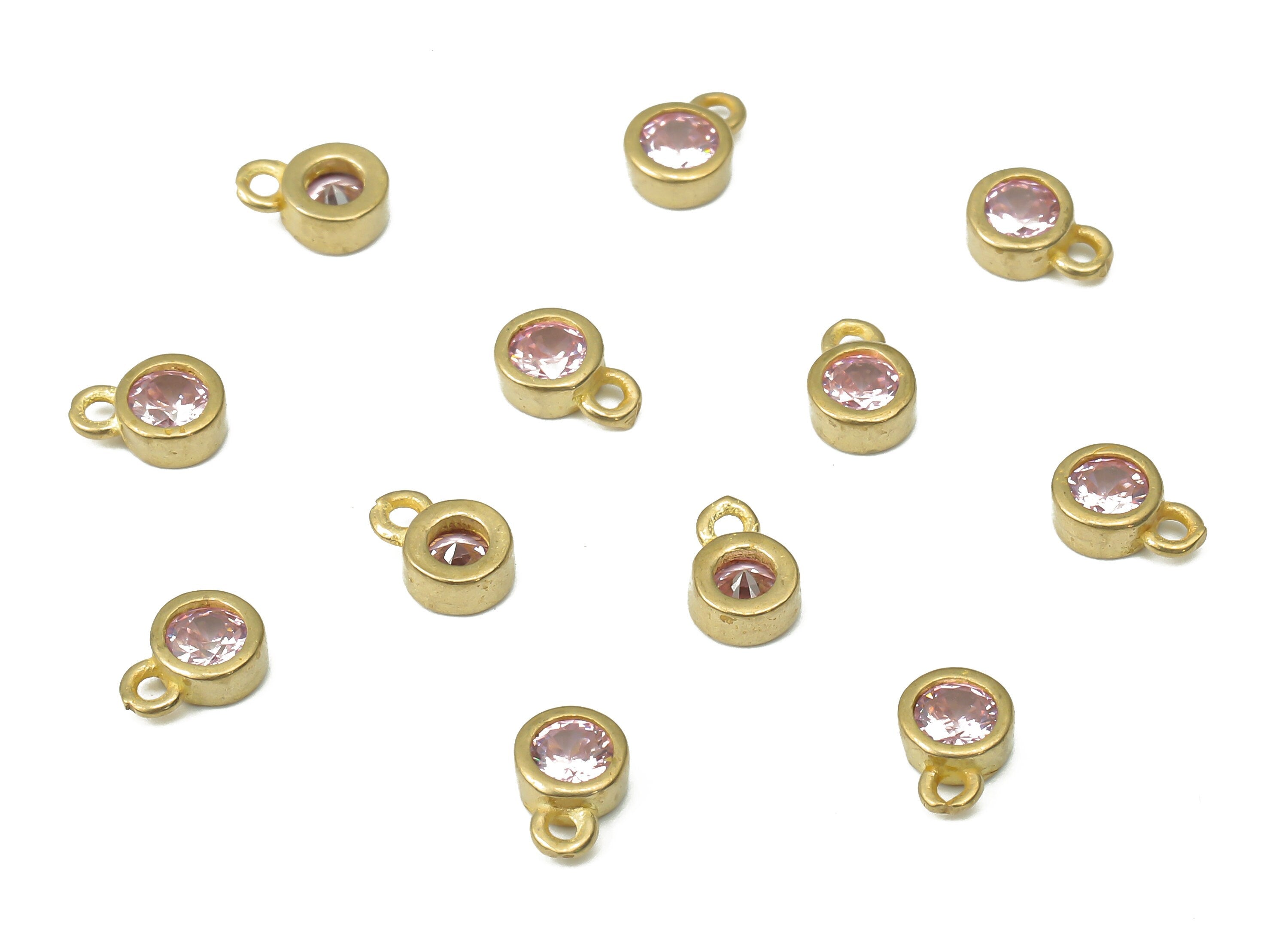 Brass Mini Round Bracelet Charms with Pink Zircon - Raw Brass Mini Circle Pendant - Jewelry Making Supplies - 5.73x4.07x1.96mm - PP7429A - DOMEDBAZAAR
