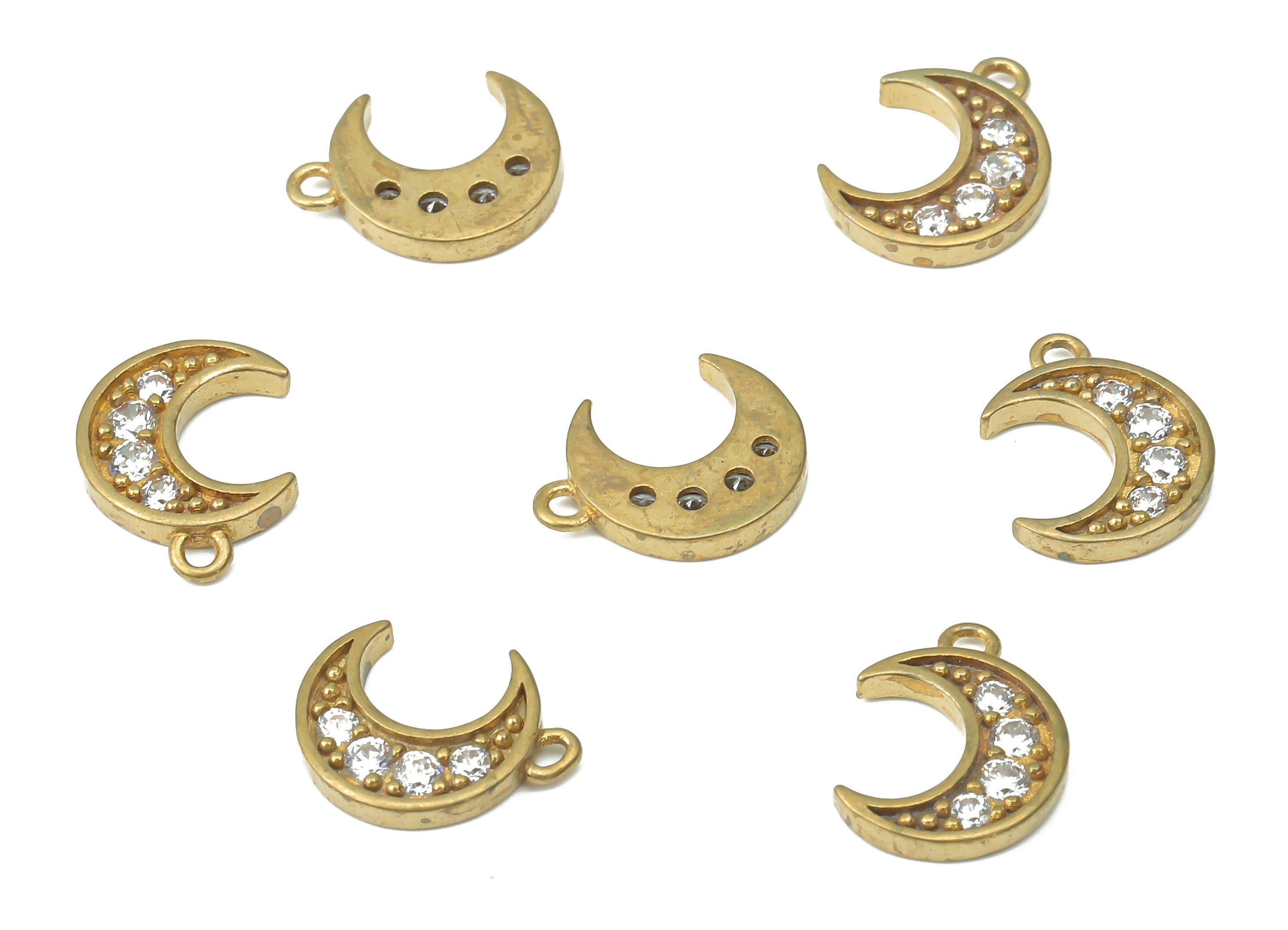 Brass Crescent Earring Charms with Zircons - Raw Brass Moon Pendant - Earring Charms for Jewelry Making - 11.72x8.9x1.63mm - PP7457 - DOMEDBAZAAR