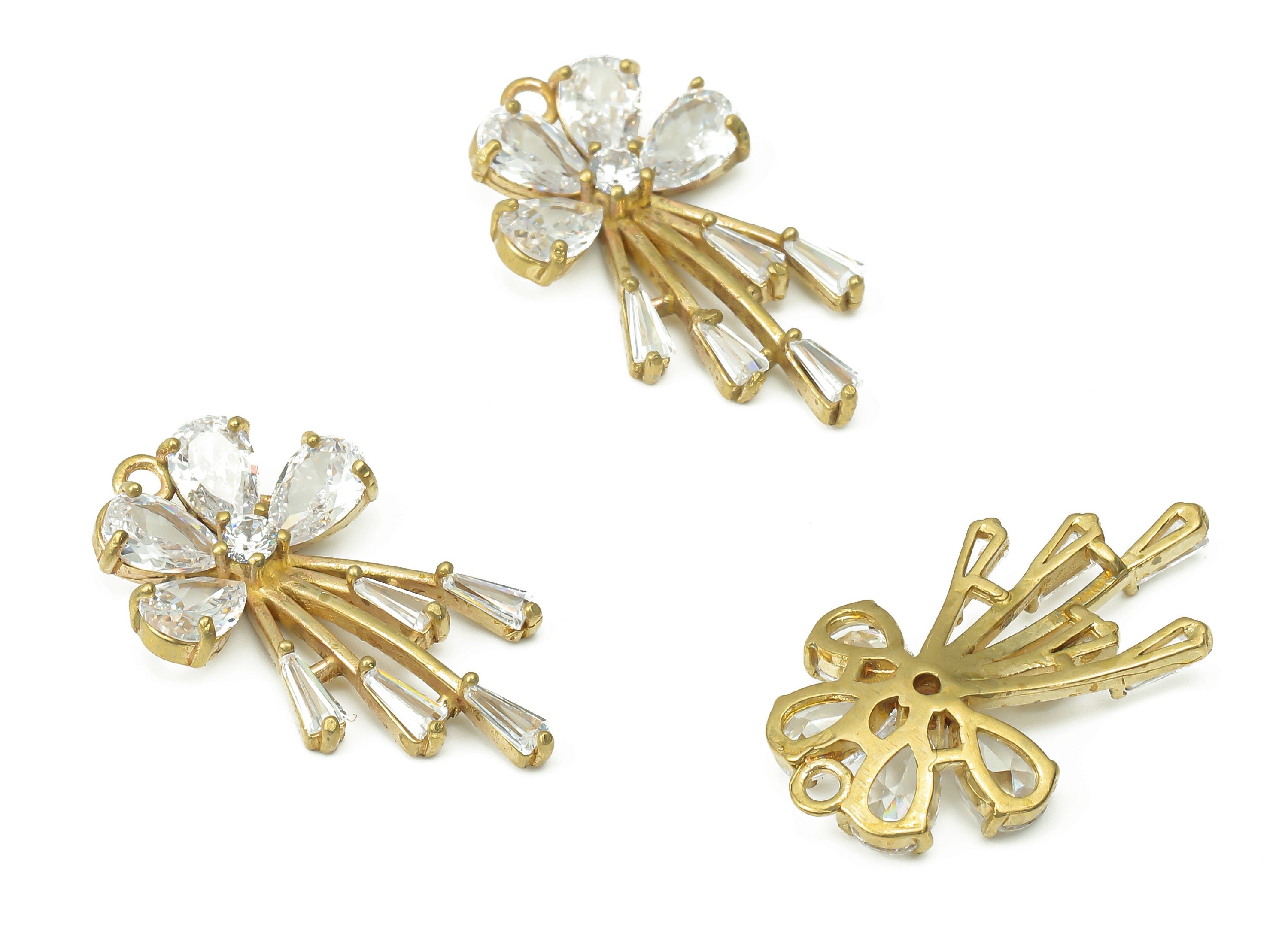 Brass Flower Earring Charms with Zircons - Raw Brass Flower Pendant - Earring Charms for Jewelry Making - 25.24x14.35x3.87mm - PP7431 - DOMEDBAZAAR