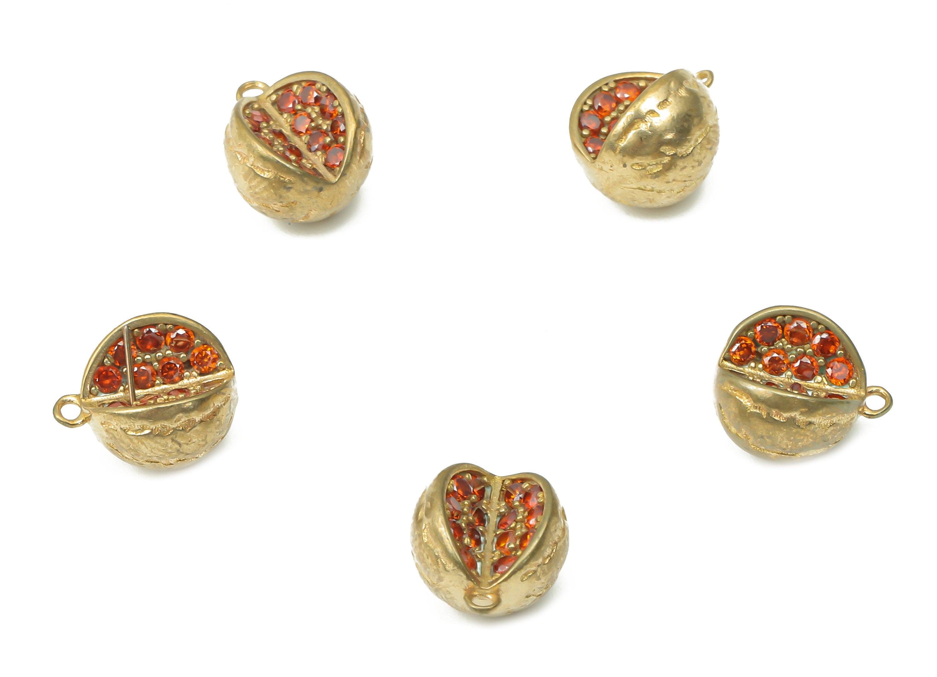 Brass Quarter Pomegranate Earring Charms with Zircons - Raw Brass Three Quarter Pendant - Jewelry Making Supplies - 10.56x8.9x7.7mm - PP7448 - DOMEDBAZAAR