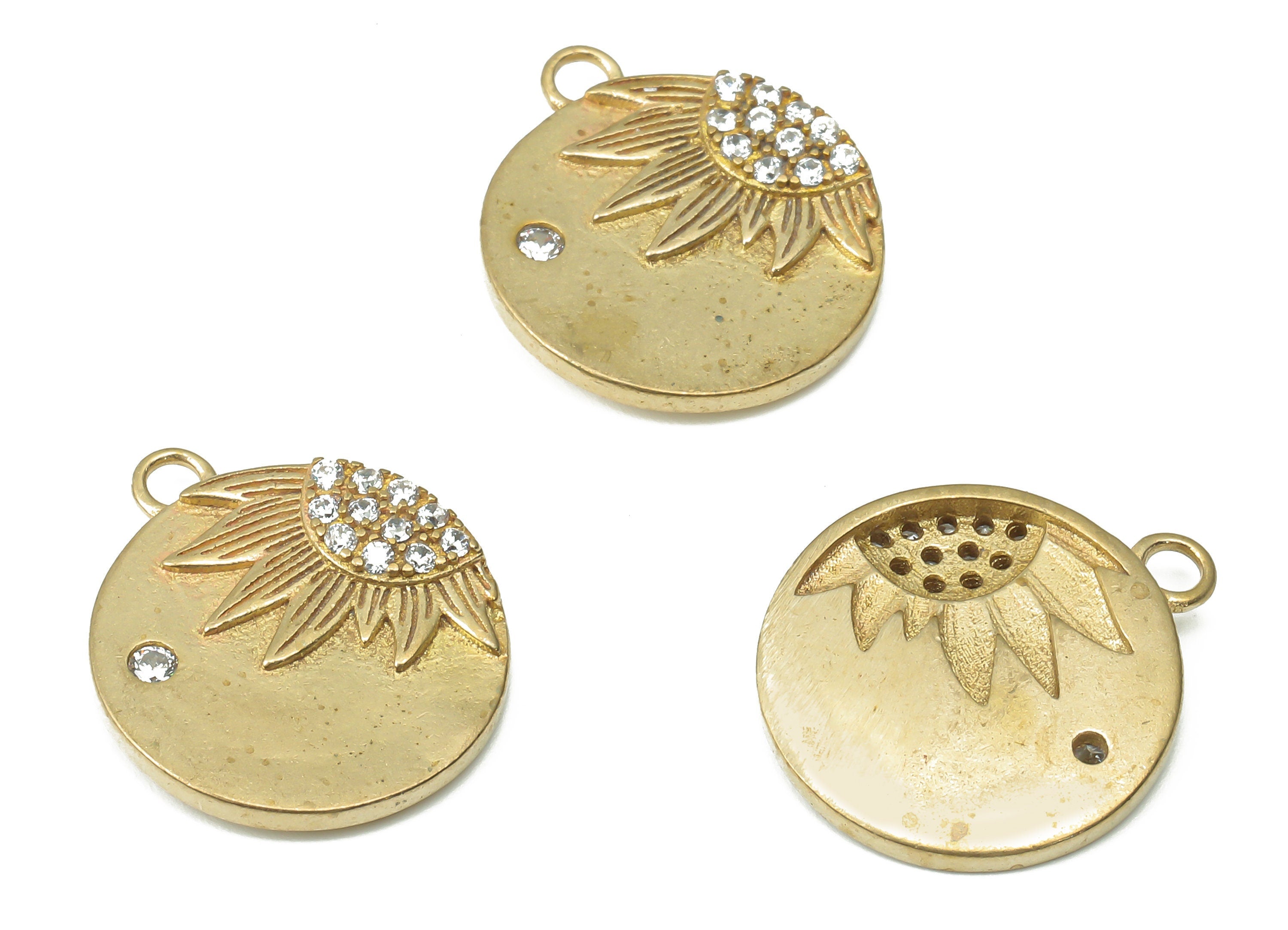 Brass Round Sunflower Earring Charms with Zircons - Raw Brass Sun Flower Pendant - Jewelry Making Supplies - 17.97x15.45x3.1mm - PP7454 - DOMEDBAZAAR