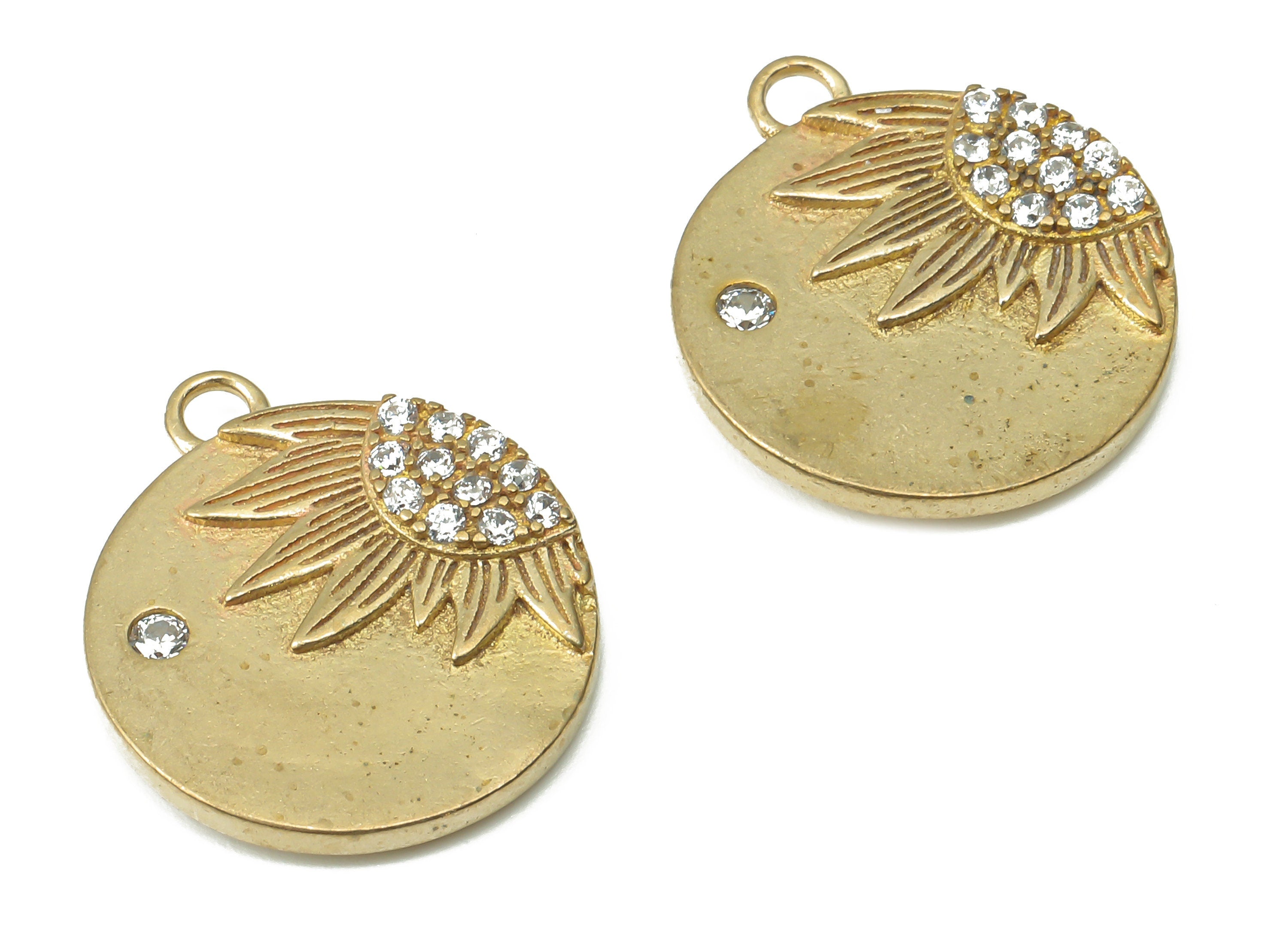 Brass Round Sunflower Earring Charms with Zircons - Raw Brass Sun Flower Pendant - Jewelry Making Supplies - 17.97x15.45x3.1mm - PP7454 - DOMEDBAZAAR