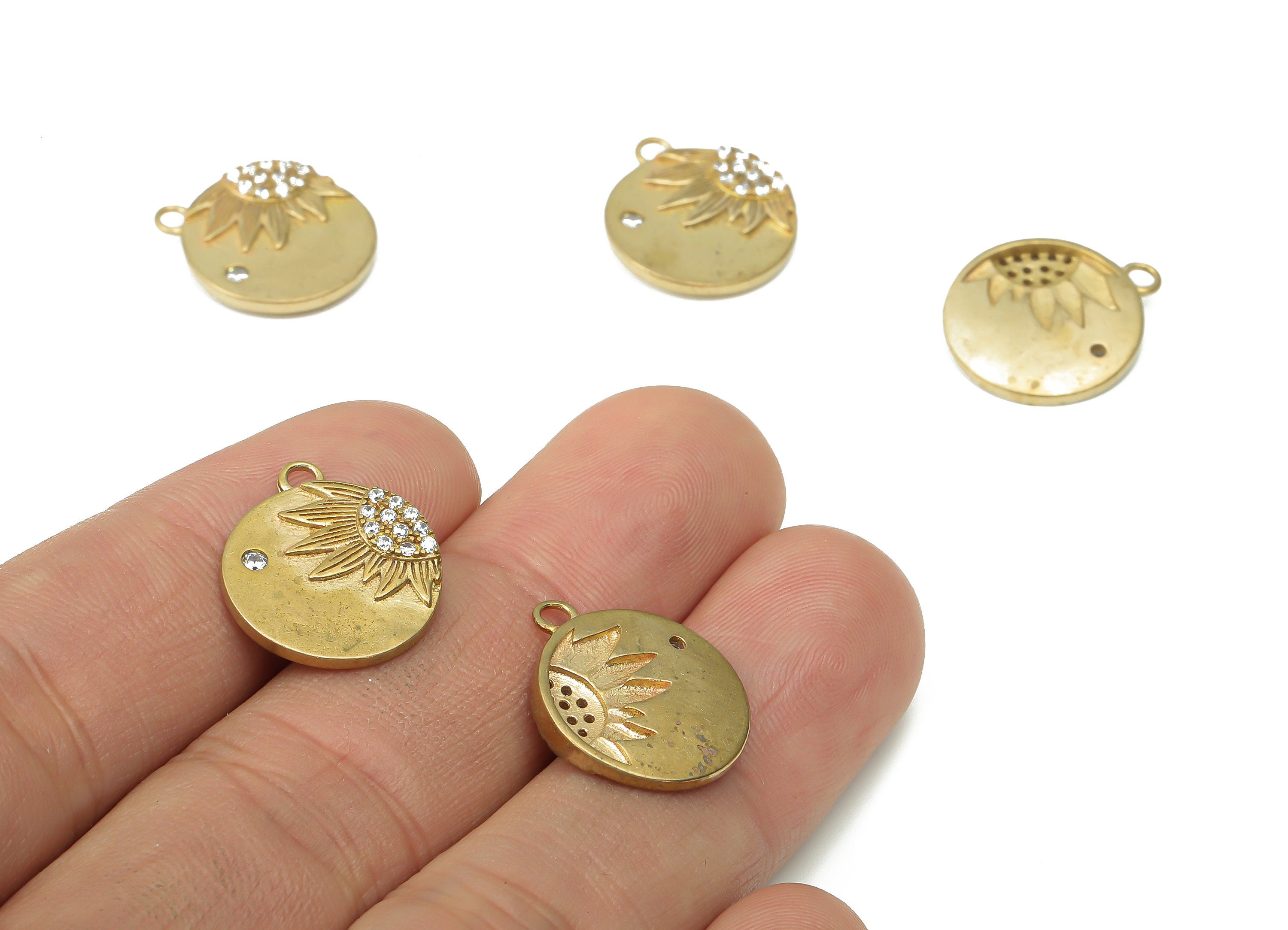 Brass Round Sunflower Earring Charms with Zircons - Raw Brass Sun Flower Pendant - Jewelry Making Supplies - 17.97x15.45x3.1mm - PP7454 - DOMEDBAZAAR