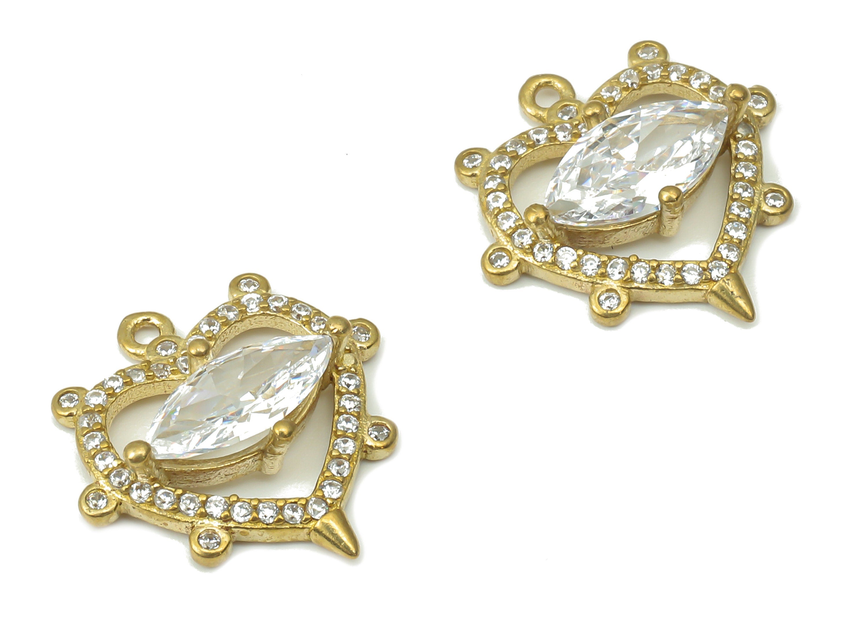 Brass Heart Marquise Earring Charms with Zircons - Raw Brass Oval Heart Pendant - Jewelry Making Supplies - 16.68x16x3.85mm - PP7432 - DOMEDBAZAAR