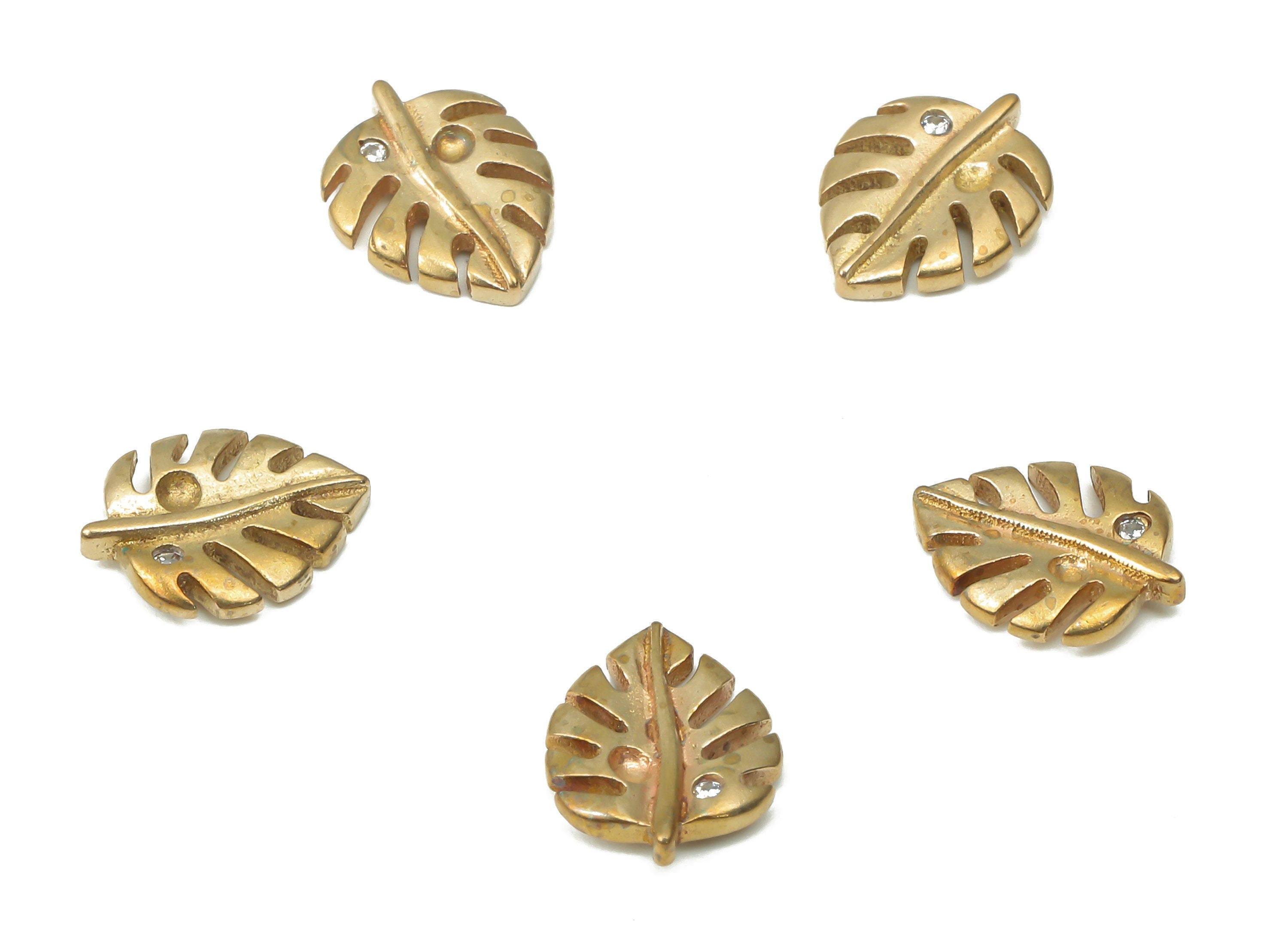 Brass Monstera Figure Earring with Zircons - Raw Brass Leaf Earrings - Earring Charms for Jewelry Making - 9.36x7.26x1.62mm - PP7456 - DOMEDBAZAAR