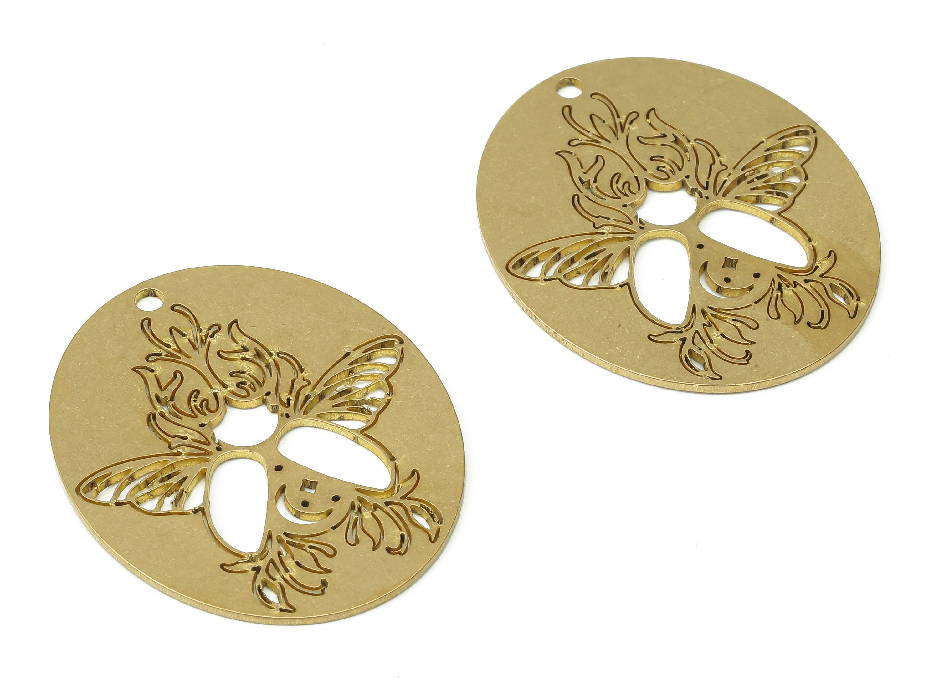 Brass Long Oval Butterfly Moon Star Earring Charms - Raw Brass Crescent Plant Oval Pendant - Jewelry Making - 35.82x29.35x0.83mm - PPA3687 - DOMEDBAZAAR