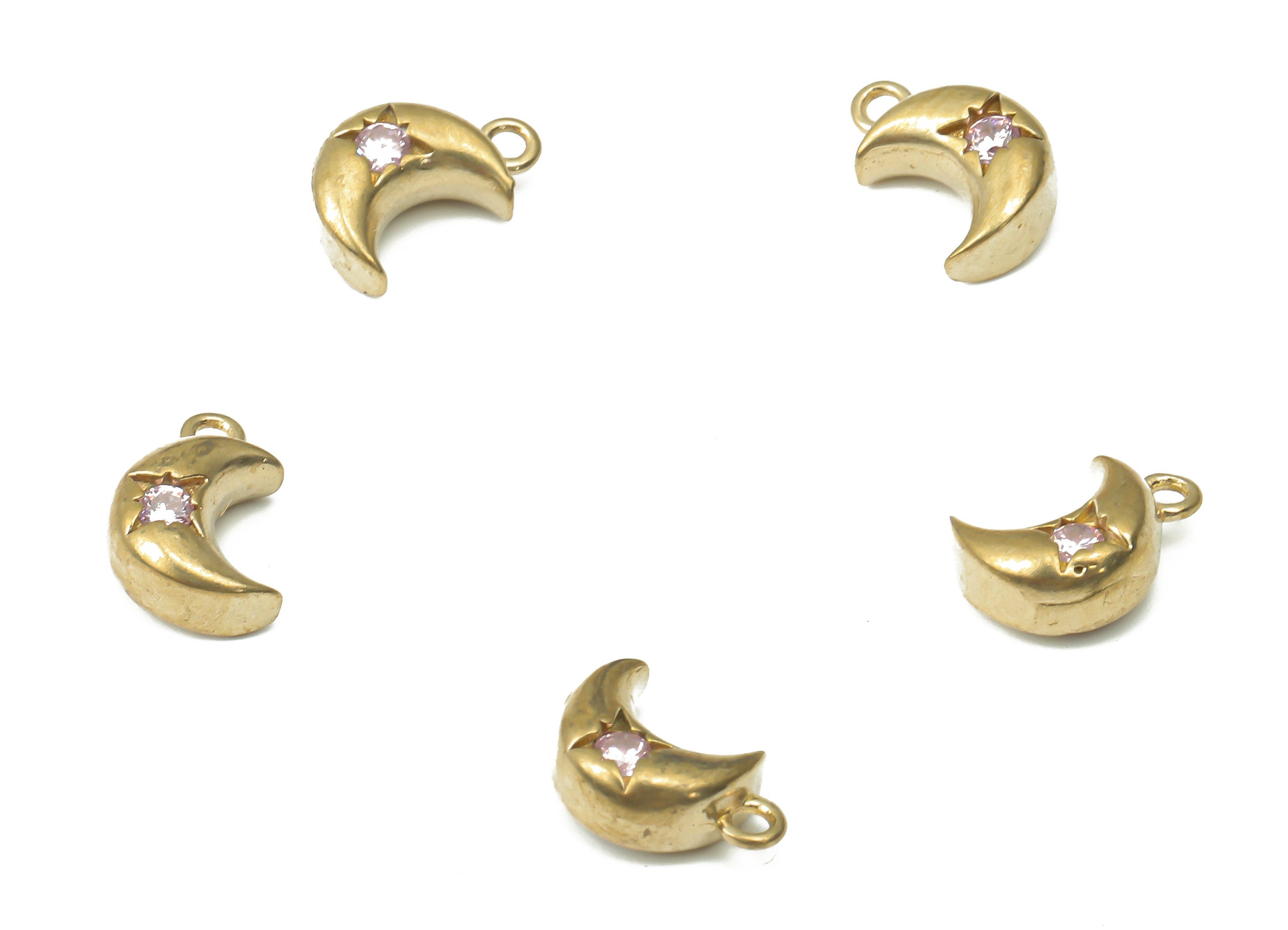 Brass Crescent Bracelet Charms with Zircons - Raw Brass Moon Pendant - Earring Charms for Jewelry Making - 9.53x6.42x3.95mm - PP7450 - DOMEDBAZAAR