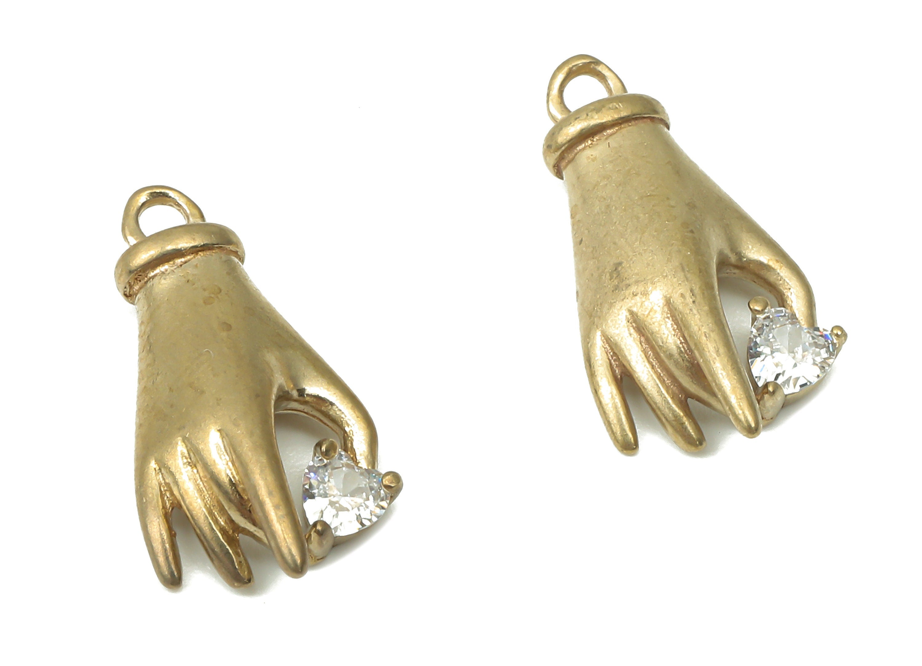 Brass Hand Heart Earring Charms with Zircon - Raw Brass Hand Figure Pendant - Earring Charms for Jewelry Making - 16.95x8.53x3.6mm - PP7446 - DOMEDBAZAAR