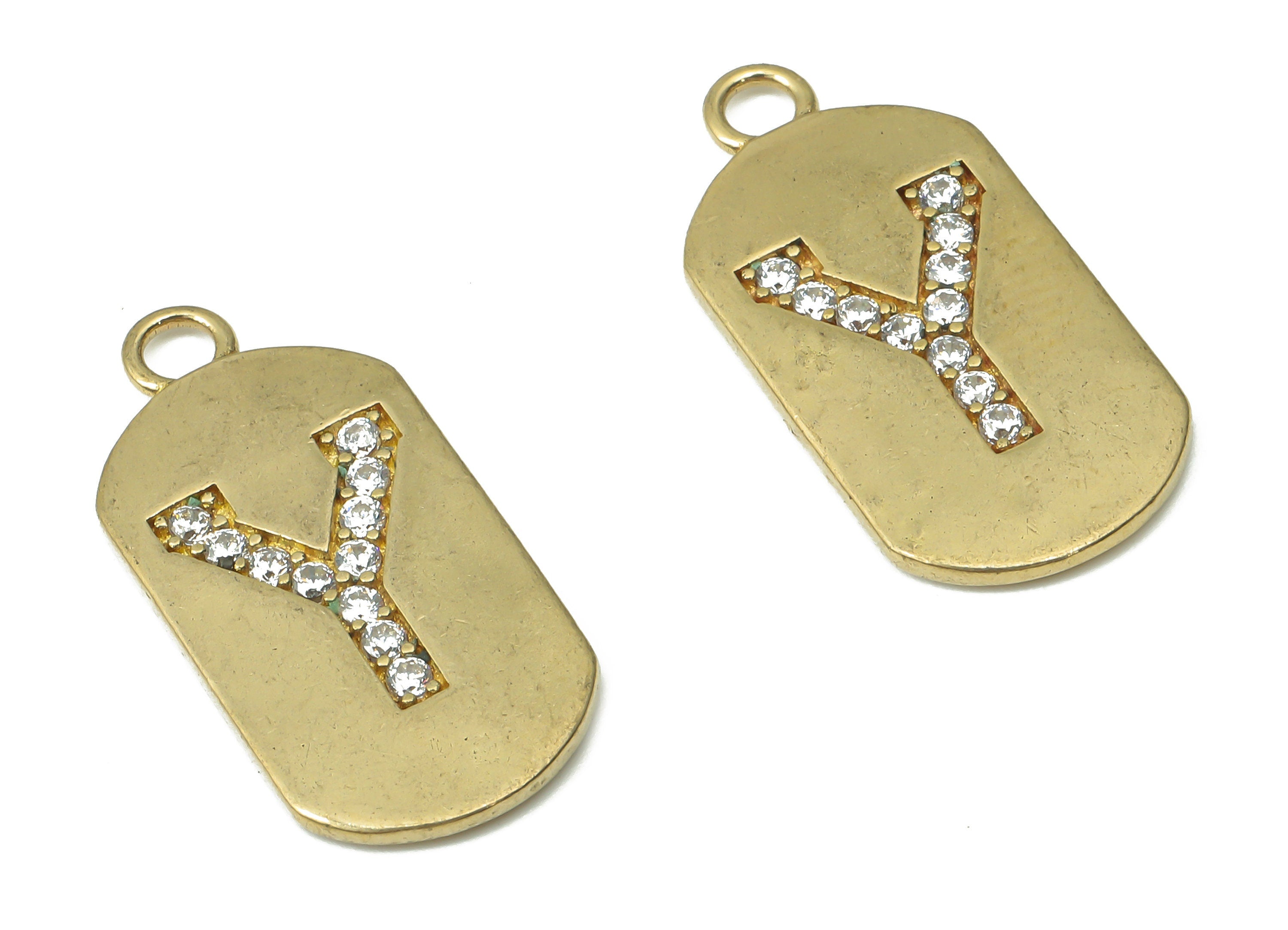 Brass Long Oval Letter Y Earring Charms with Zircons - Raw Brass Initial Y Pendant - Jewelry Making Supplies - 23.45x11.2x1.57mm - PP7442Y - DOMEDBAZAAR