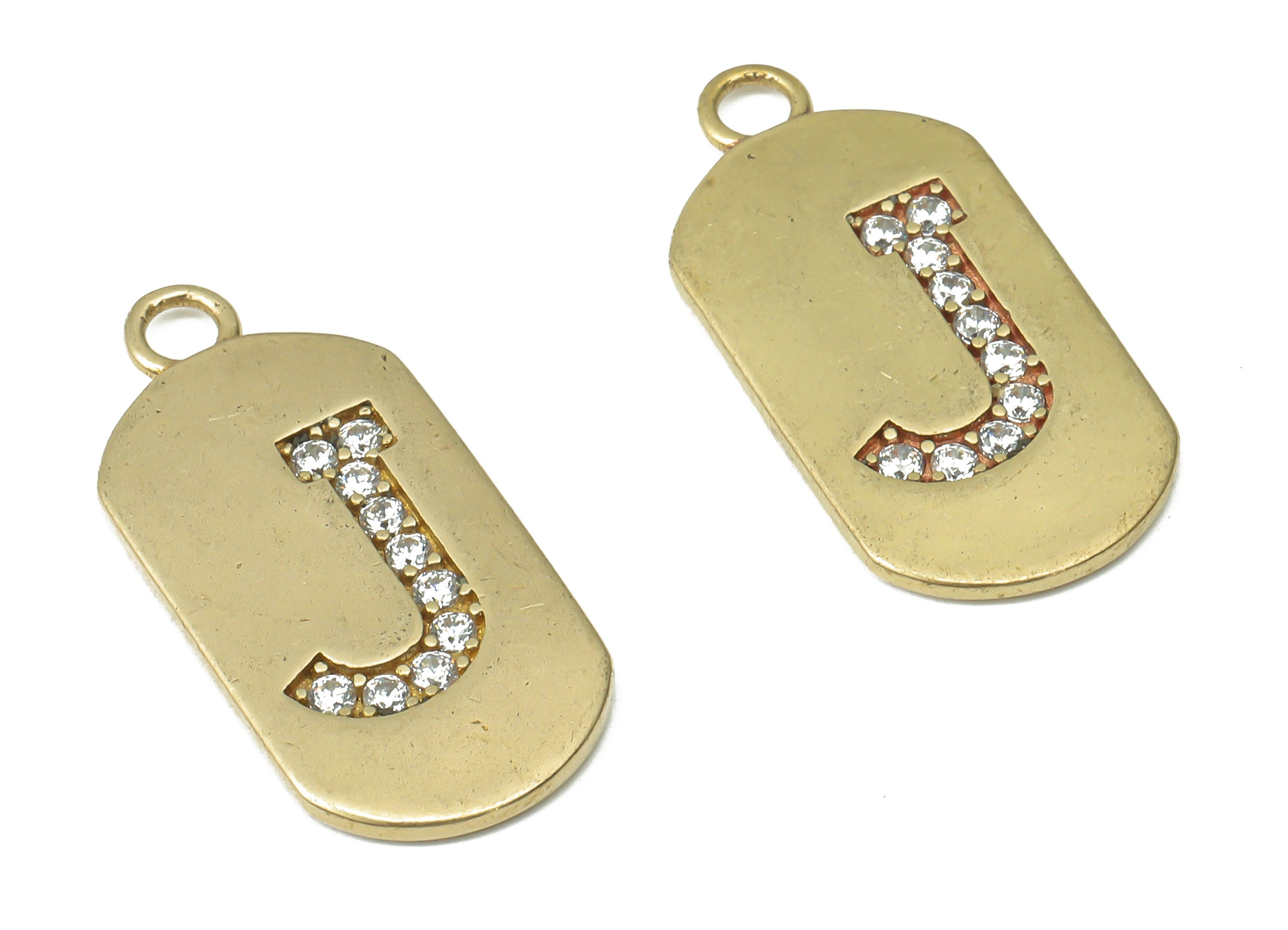 Brass Long Oval Letter J Earring Charms with Zircons - Raw Brass Initial J Pendant - Jewelry Making Supplies - 23.45x11.2x1.57mm - PP7442J - DOMEDBAZAAR