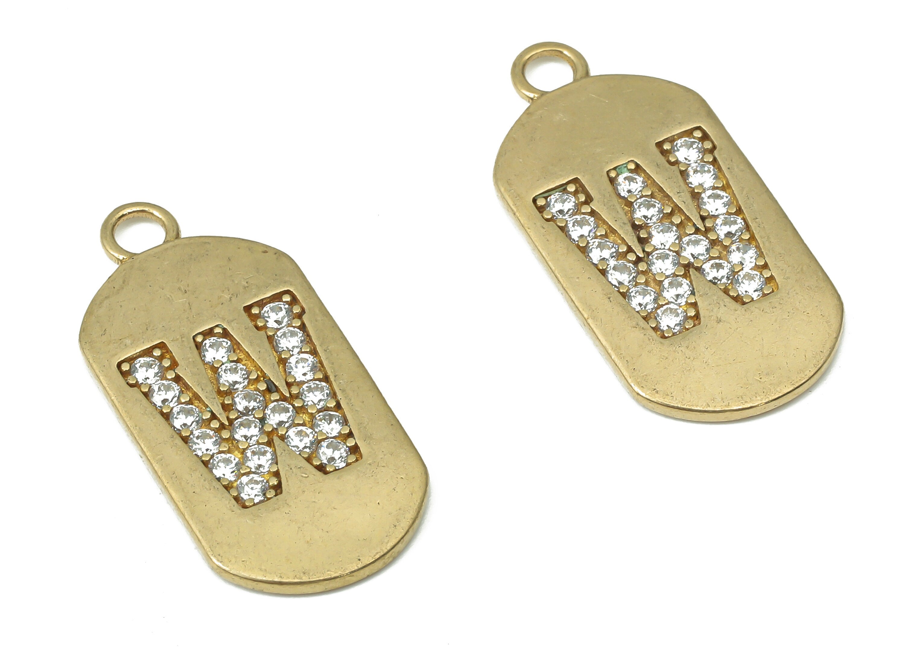 Brass Long Oval Letter W Earring Charms with Zircons - Raw Brass Initial W Pendant - Jewelry Making Supplies - 23.45x11.2x1.57mm - PP7442W - DOMEDBAZAAR