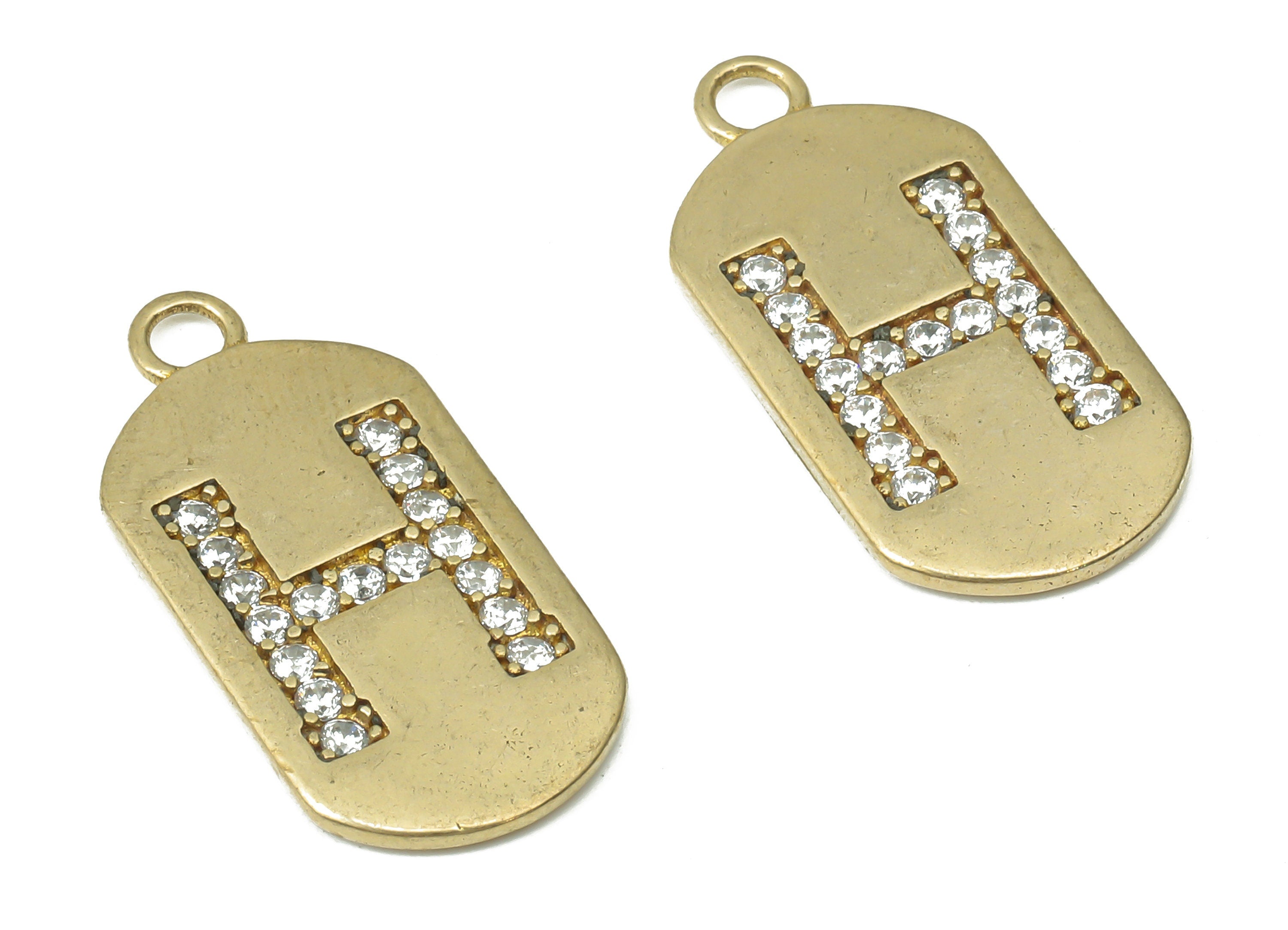 Brass Long Oval Letter H Earring Charms with Zircons - Raw Brass Initial H Pendant - Jewelry Making Supplies - 23.45x11.2x1.57mm - PP7442H - DOMEDBAZAAR
