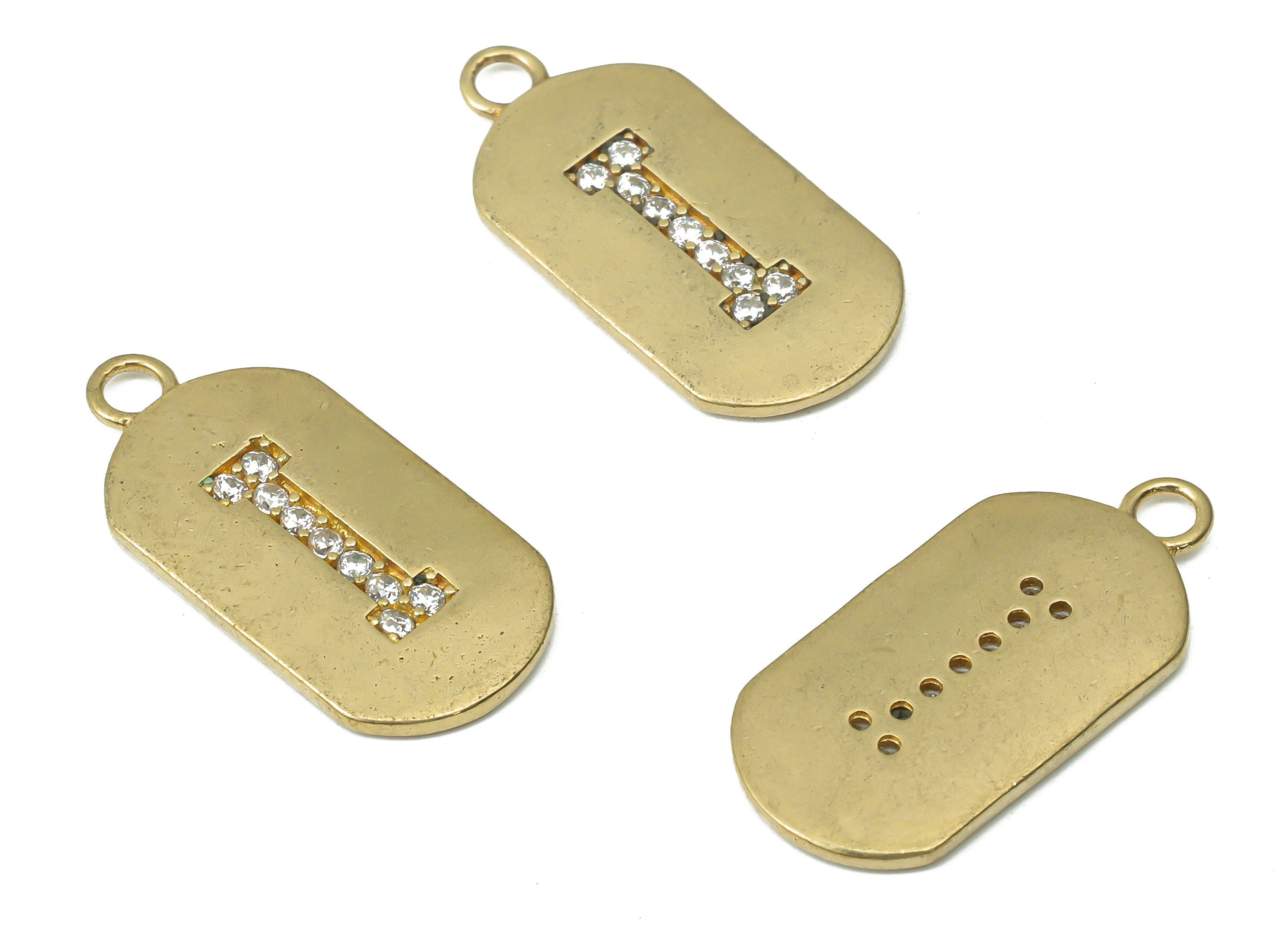 Brass Long Oval Letter I Earring Charms with Zircons - Raw Brass Initial I Pendant - Jewelry Making Supplies - 23.45x11.2x1.57mm - PP7442I - DOMEDBAZAAR