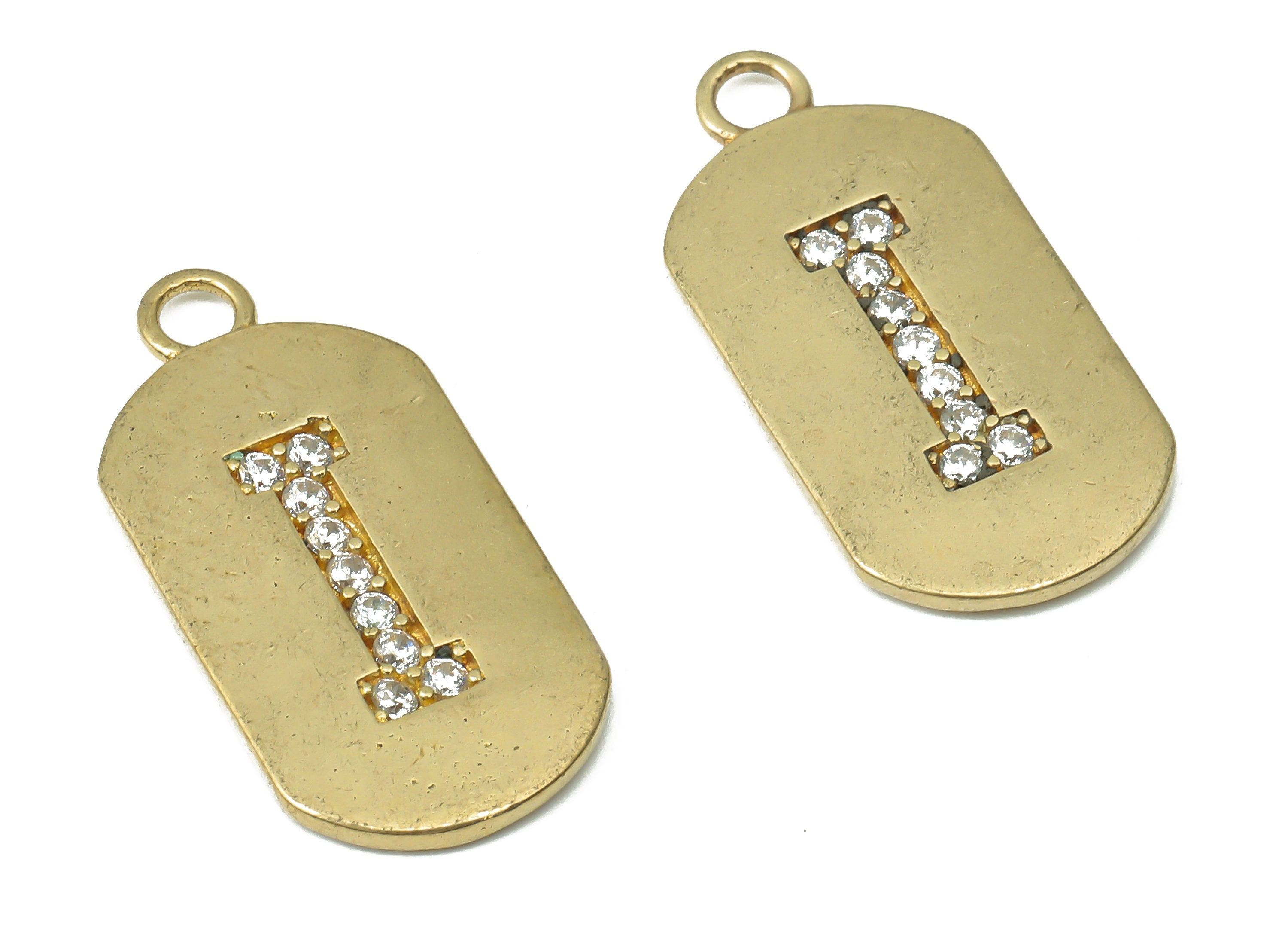 Brass Long Oval Letter I Earring Charms with Zircons - Raw Brass Initial I Pendant - Jewelry Making Supplies - 23.45x11.2x1.57mm - PP7442I - DOMEDBAZAAR