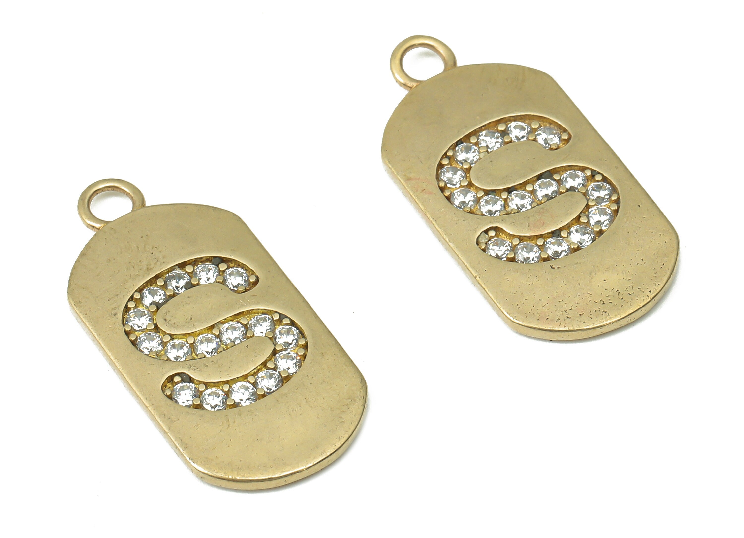 Brass Long Oval Letter S Earring Charms with Zircons - Raw Brass Initial S Pendant - Jewelry Making Supplies - 23.45x11.2x1.57mm - PP7442S - DOMEDBAZAAR
