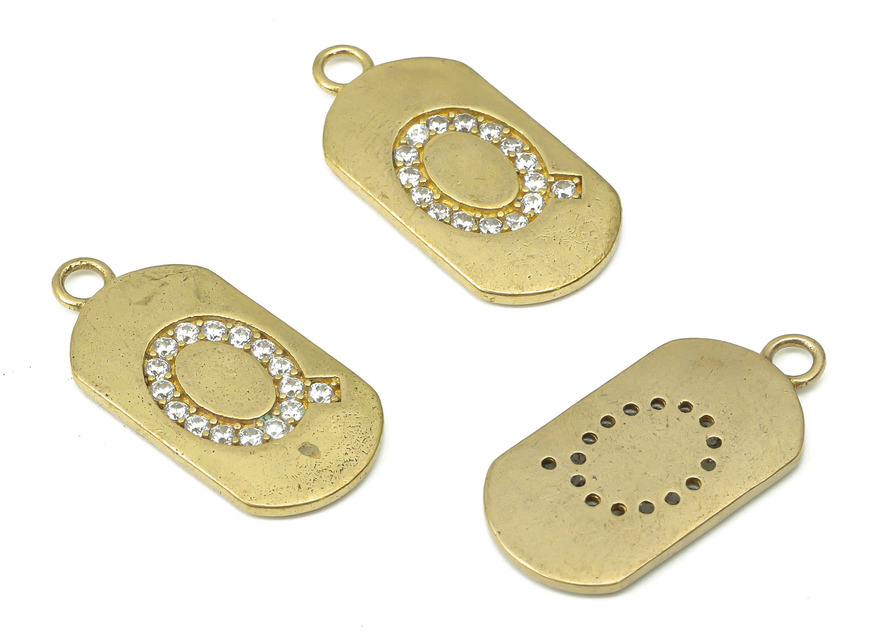Brass Long Oval Letter Q Earring Charms with Zircons - Raw Brass Initial Q Pendant - Jewelry Making Supplies - 23.45x11.2x1.57mm - PP7442Q - DOMEDBAZAAR