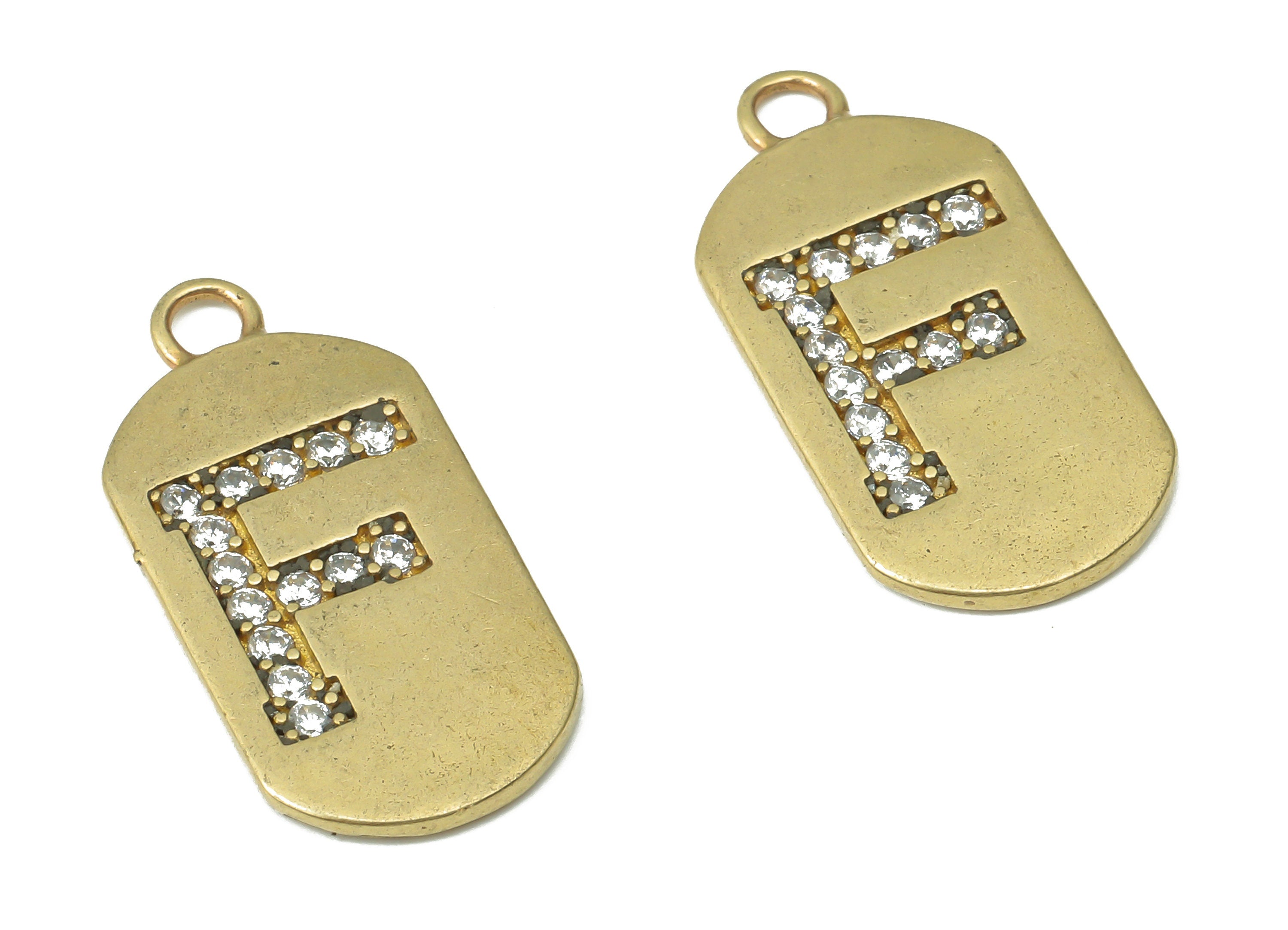 Brass Long Oval Letter F Earring Charms with Zircons - Raw Brass Initial F Pendant - Jewelry Making Supplies - 23.45x11.2x1.57mm - PP7442F - DOMEDBAZAAR