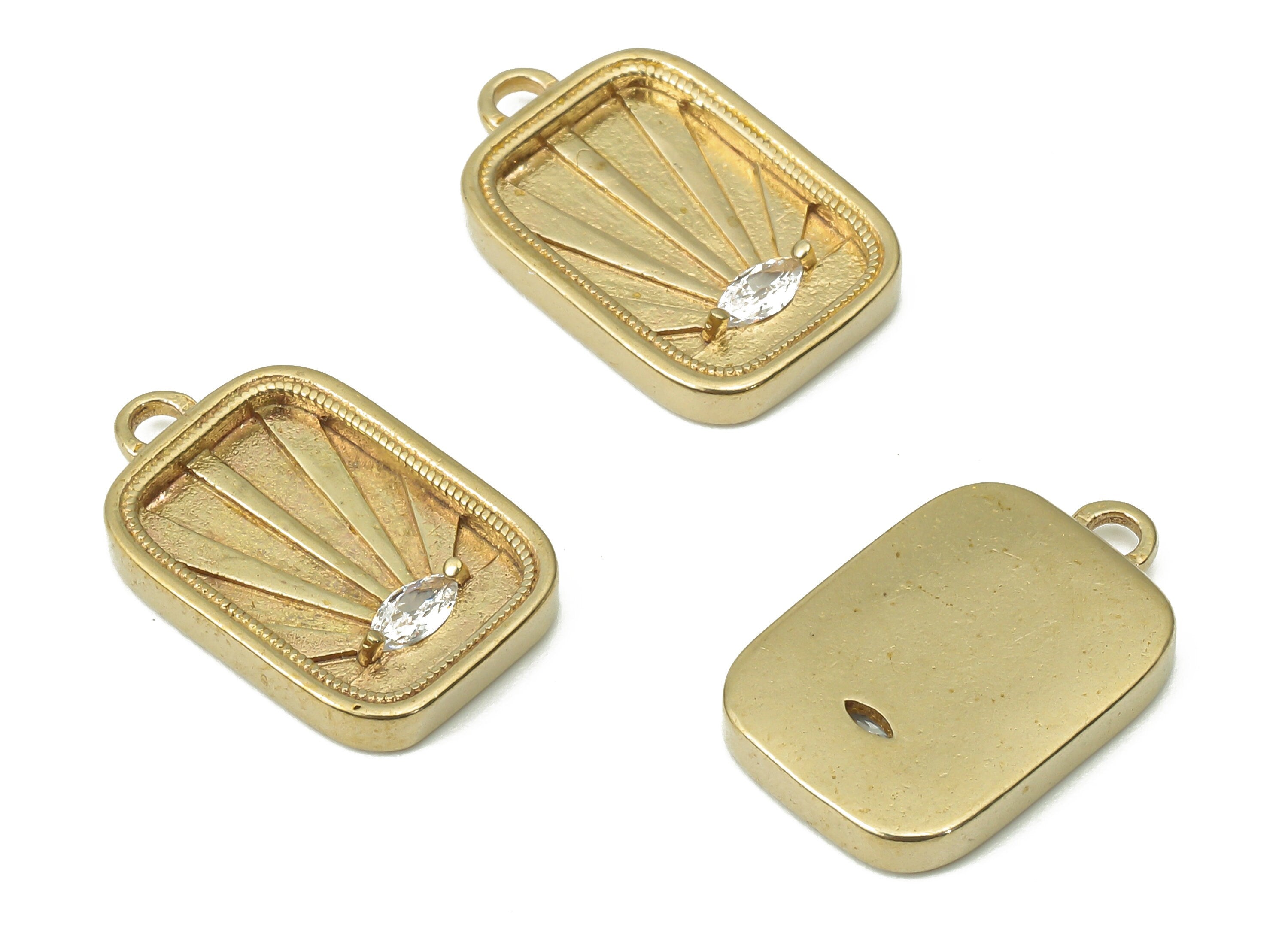 Brass Rectangle Sun Earring Charms with Zircon - Raw Brass Sun Rectangle Pendant - Jewelry Making Supplies - 16.6x10.64x2.2mm - PP7427 - DOMEDBAZAAR
