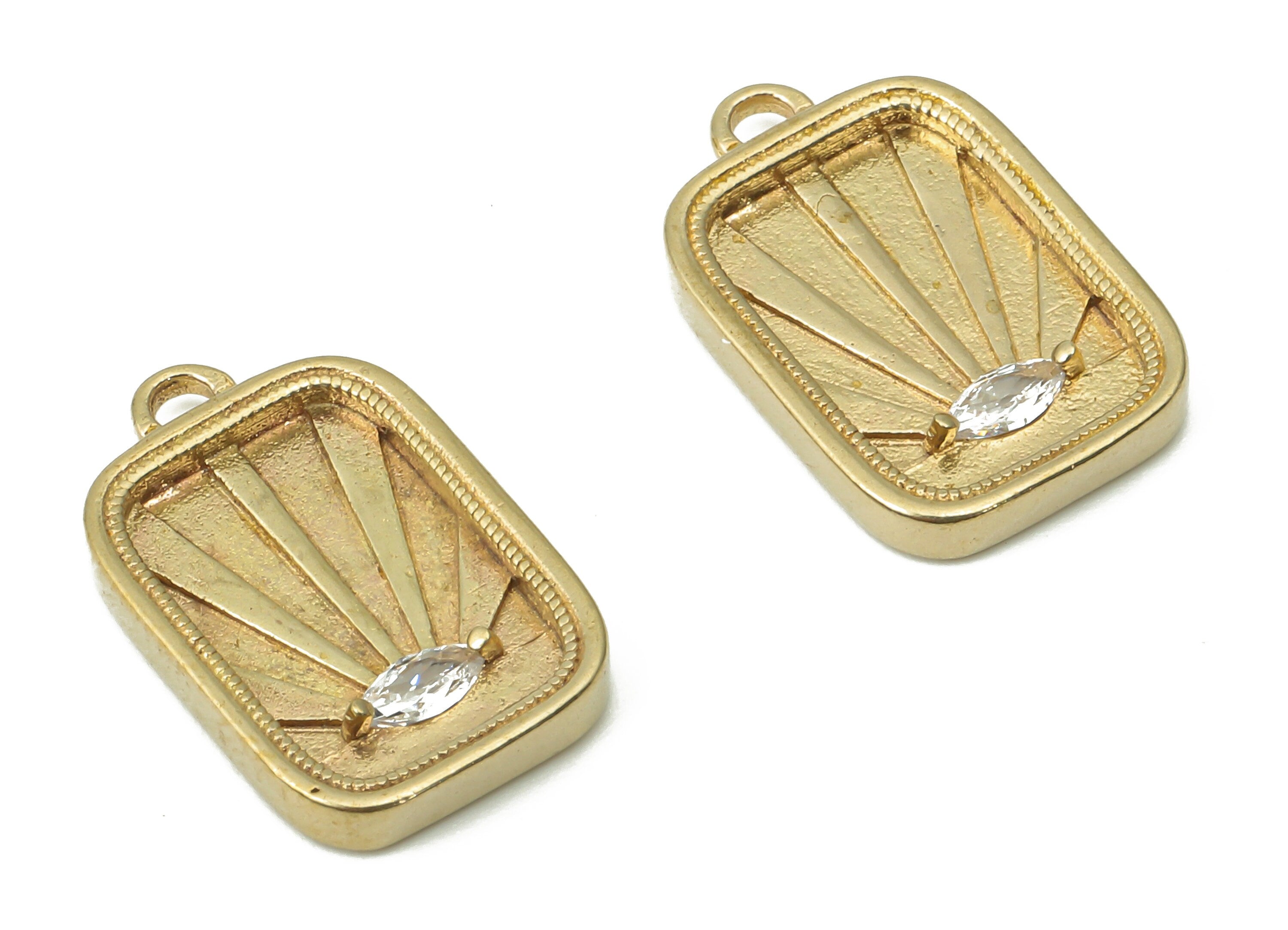 Brass Rectangle Sun Earring Charms with Zircon - Raw Brass Sun Rectangle Pendant - Jewelry Making Supplies - 16.6x10.64x2.2mm - PP7427 - DOMEDBAZAAR