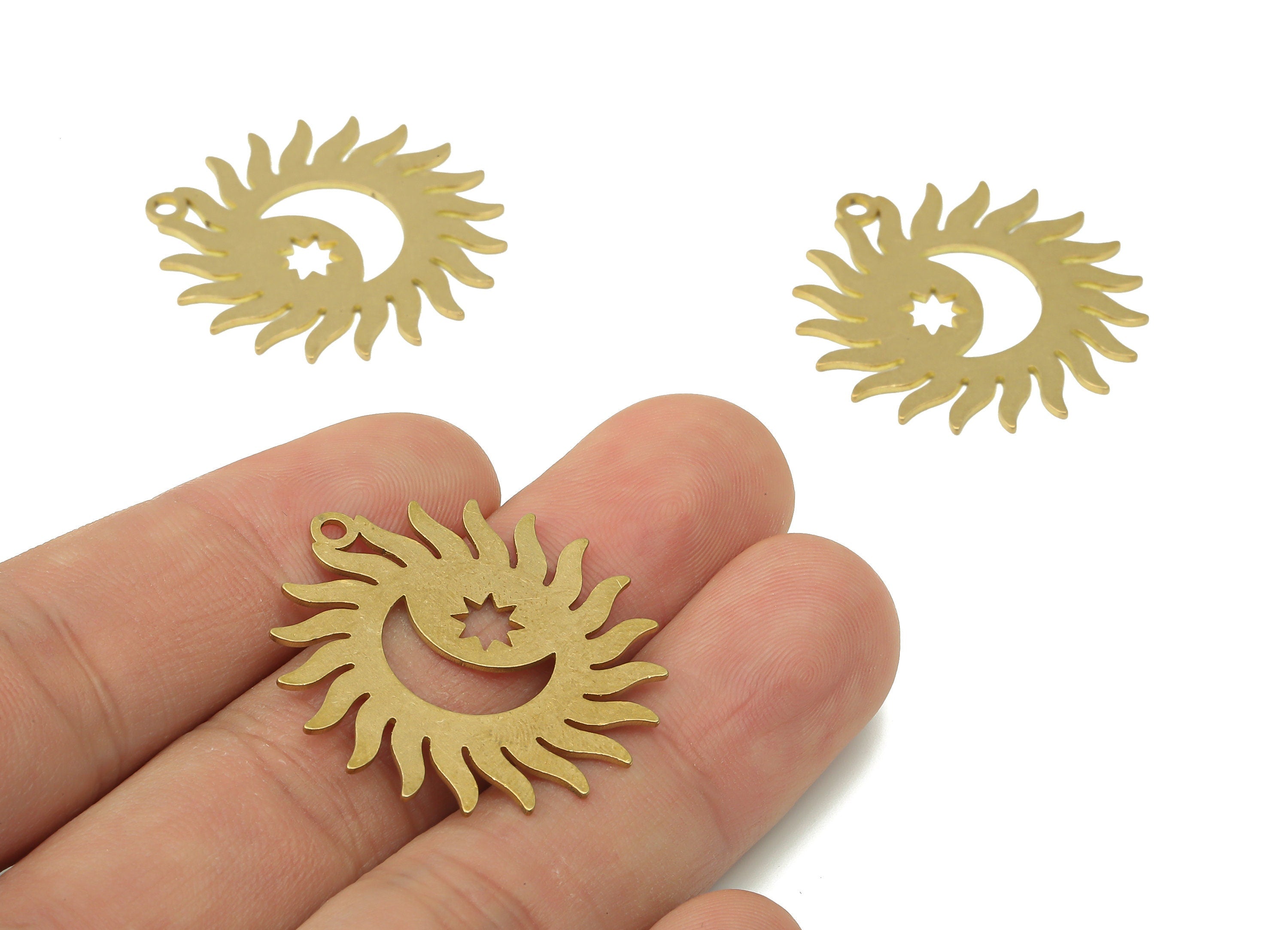 Brass Sun Crescent Plant Earring Charms - Raw Brass Star Moon Sun Pendant - DIY Jewelry Making Supplies - 31.82x30.22x0.76mm - PPA3996 - DOMEDBAZAAR
