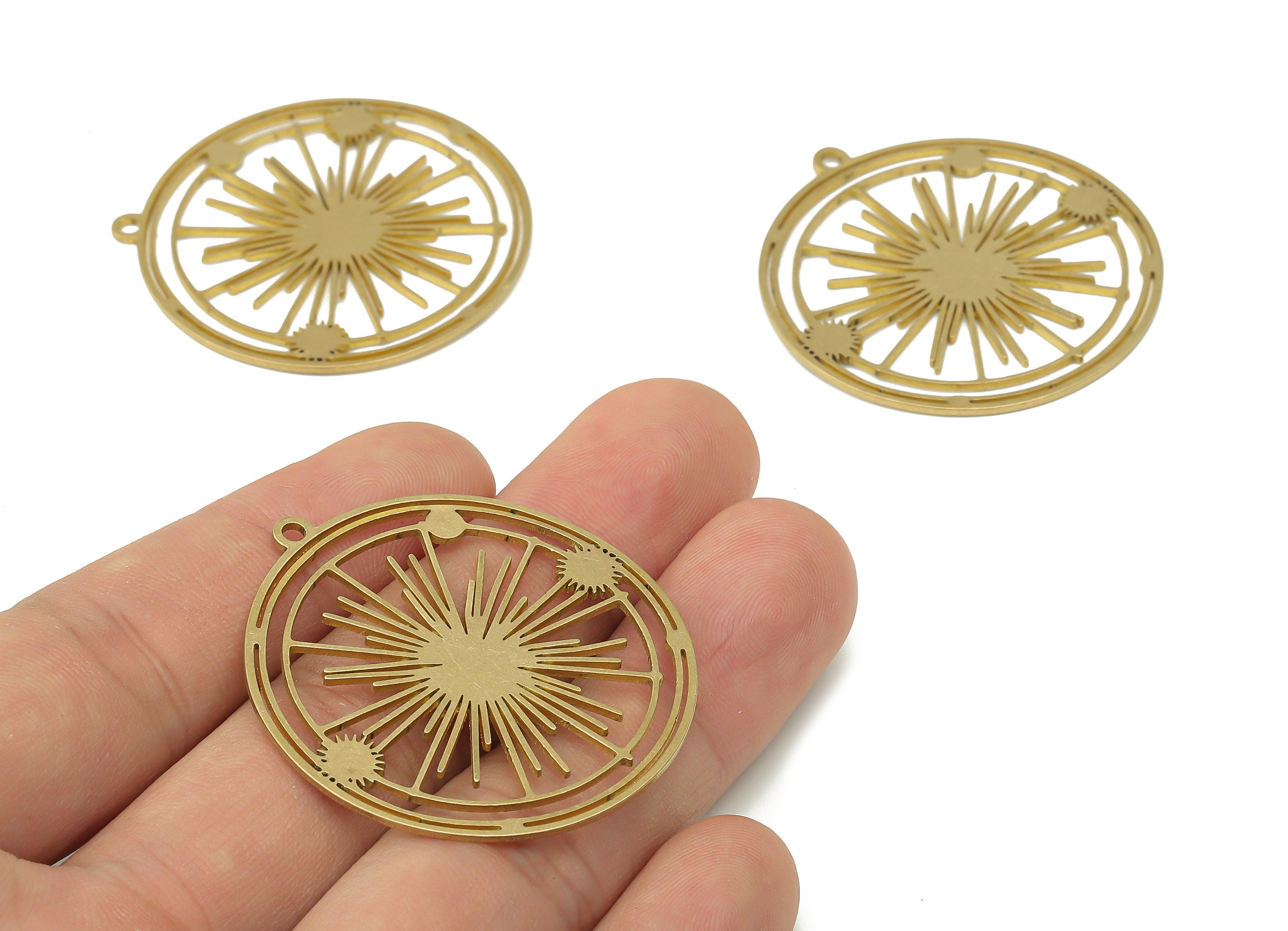 Brass Round Universe Earring Charms - Raw Brass Sun Circle Pendant - DIY Jewelry Making Supplies - 41.17x38.96x0.87mm - PPA3663 - DOMEDBAZAAR